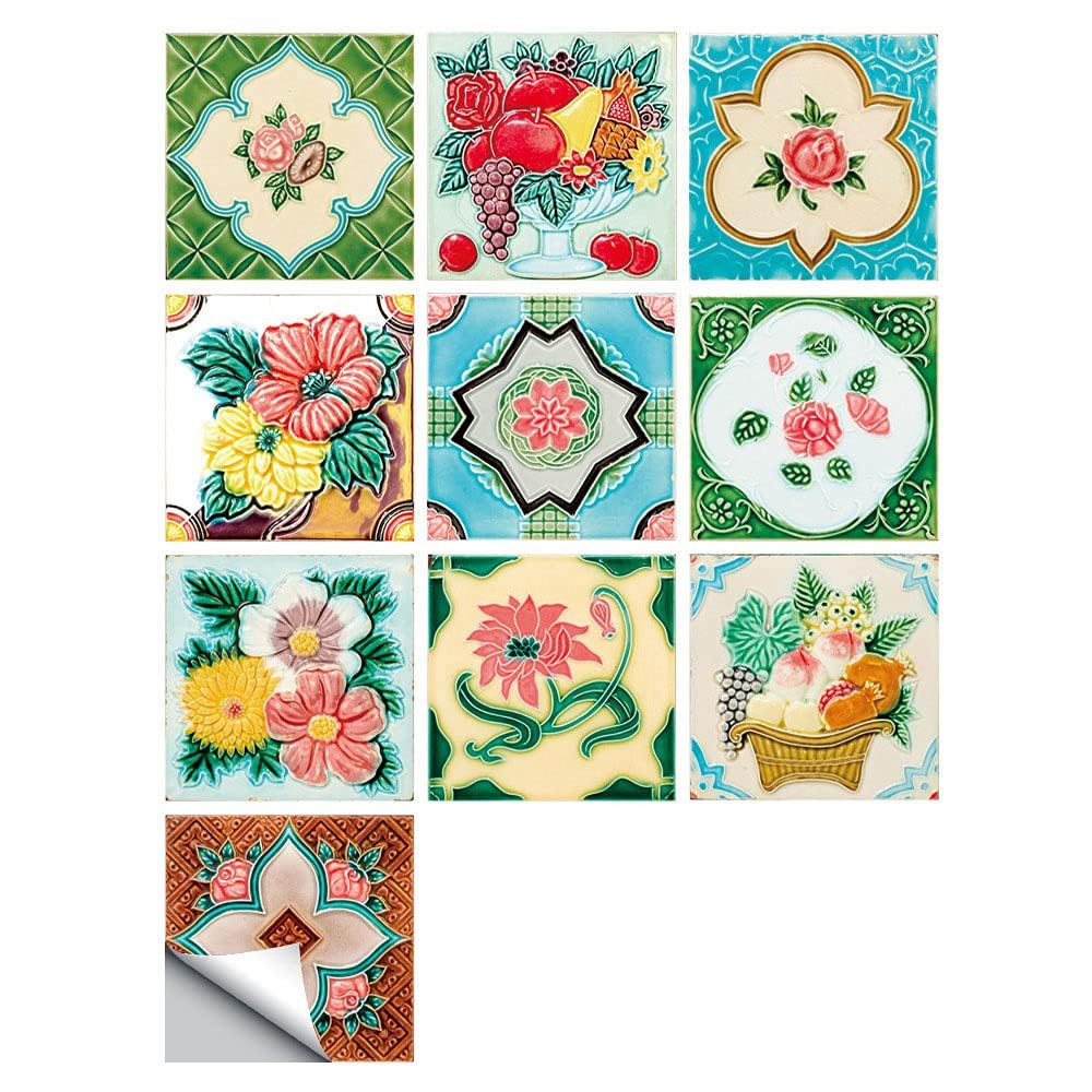 Azonee Tile Stickers,10 Pieces Of Splicing Small Floral Simulation Tile Art Floor Stickers, Home Renovation Kitchen And Bathroom Decoration Self-Adhesive Wall Stickers, Waterproof Oil Proof
