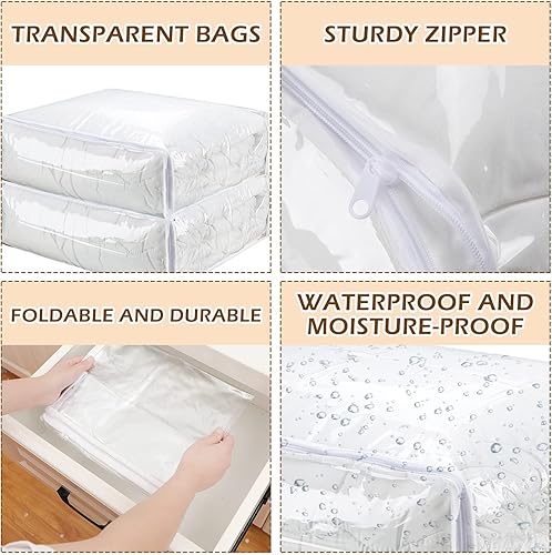 Miniatura 10 de Paquete de 6 bolsas de almacenamiento transparentes con cremallera, bolsas de almacenamiento de plástico para mantas, ropa de cama, organizador de