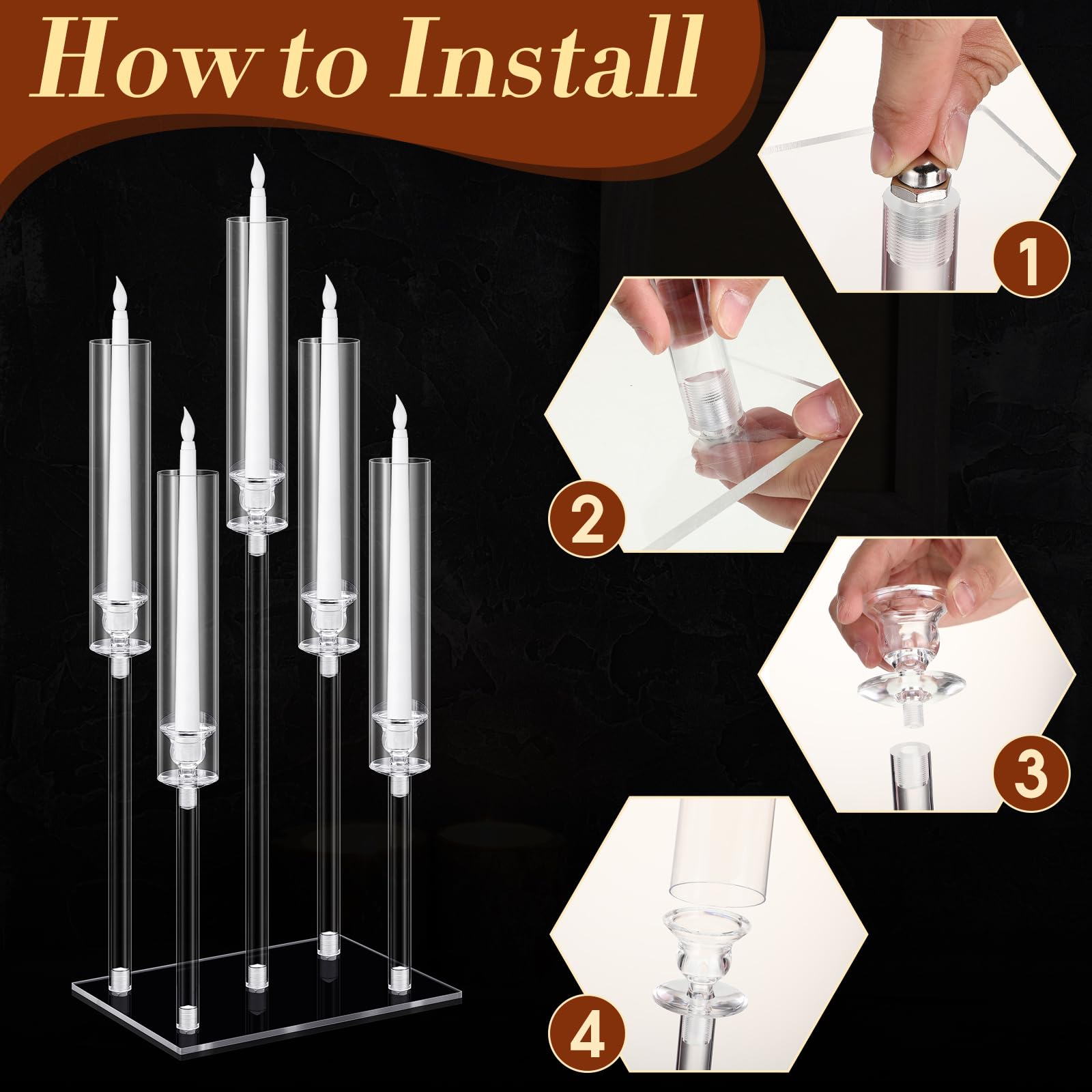 Hushee Set 4 Candelieri Acrilici 5 Bracci Con 20 Candele LED – Centrotavola Cristallo Trasparente Per Cene, Matrimoni, Natale - 3
