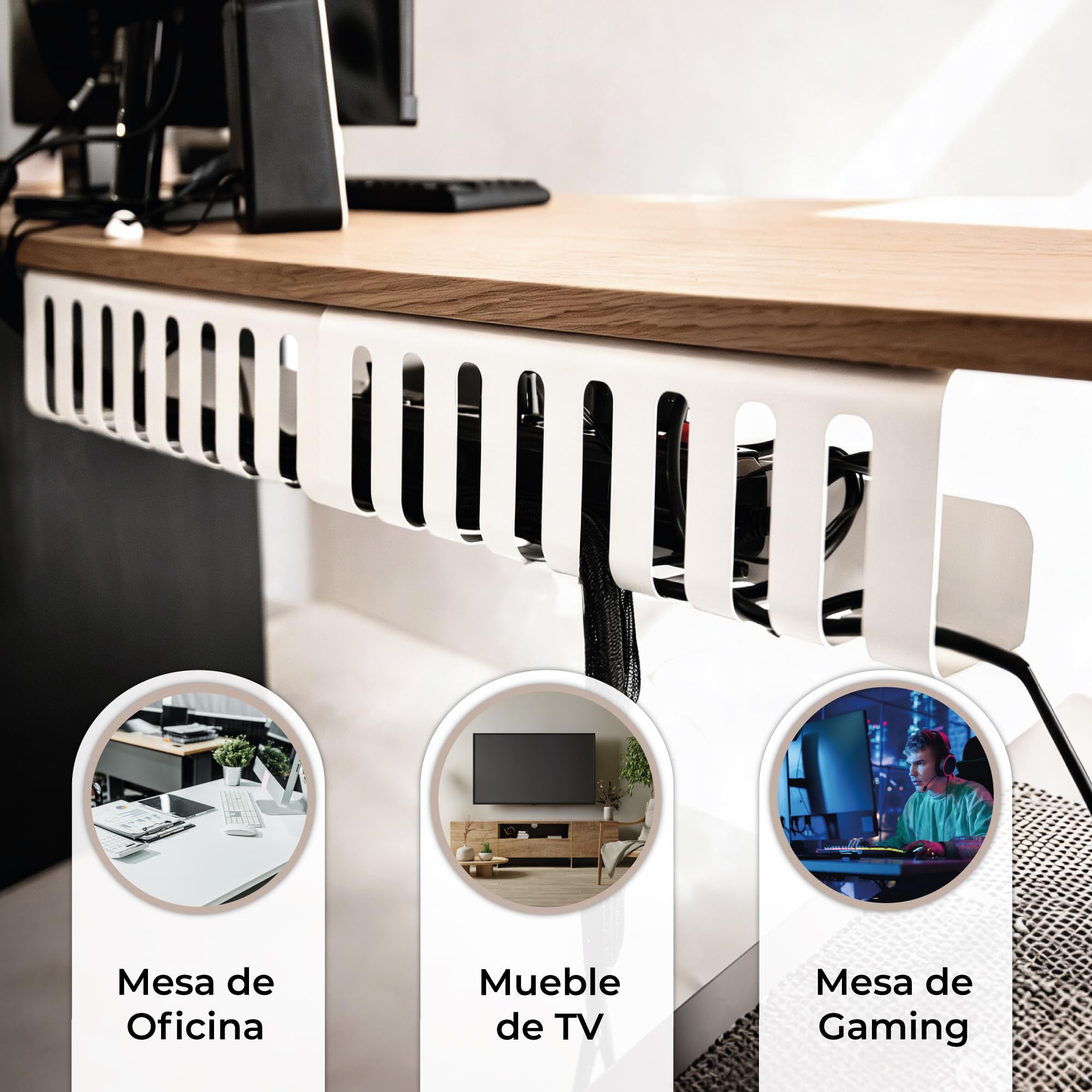 Pack 2 Organizadores de Cables para Escritorio | Bandejas para Cables de 40x10 cm en Blanco Mate | Ideal para Mesa de Oficina, Gaming o TV