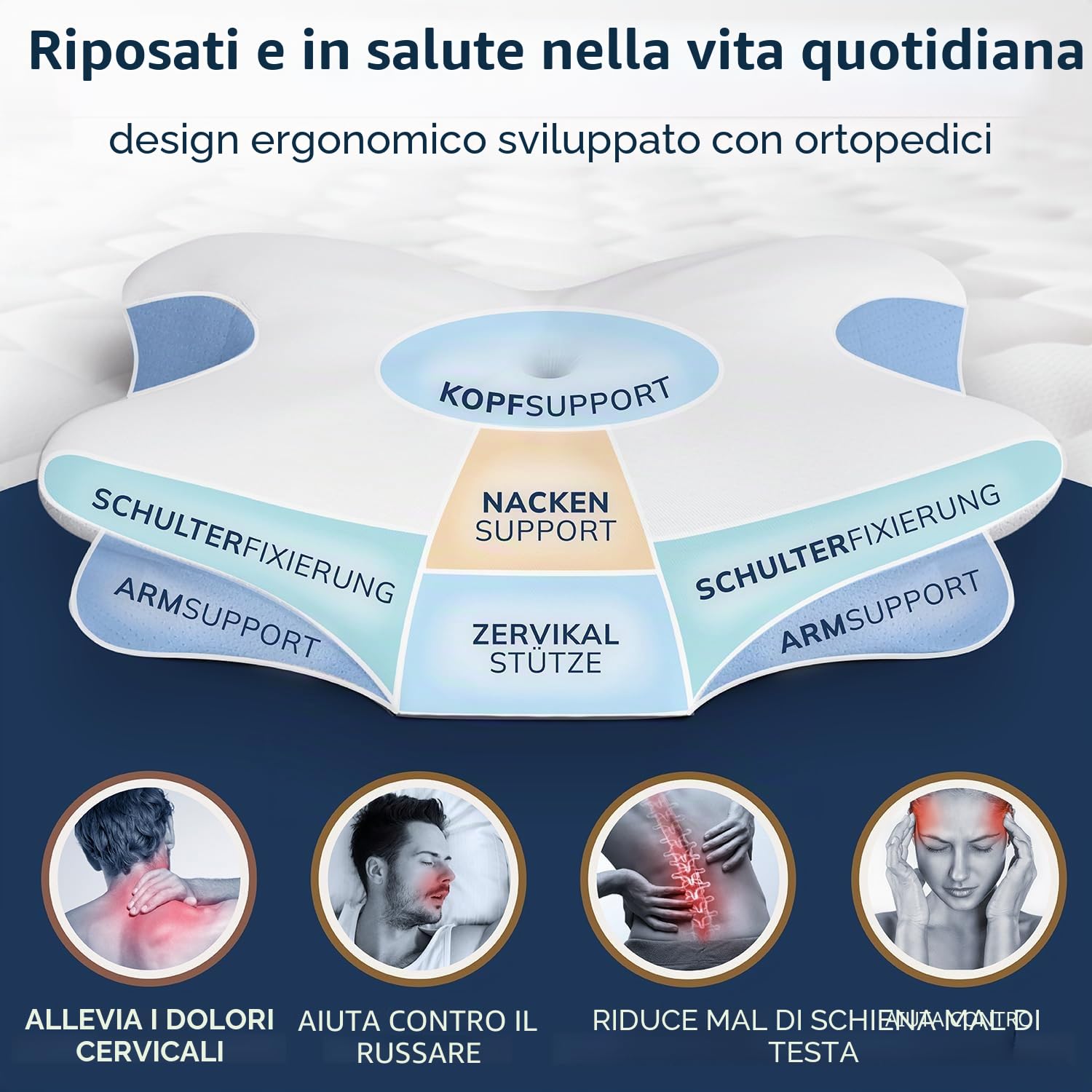 CALMONT - Cuscino ortopedico per tutti i tipi di sonno, cuscino cervicale per un sonno riposante, cuscino in memory foam per una regolazione ideale, cuscino cervicale, cuscino ergonomico (bianco)