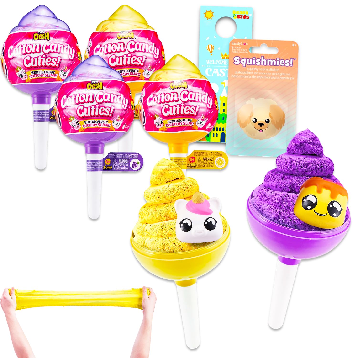 Zuru Oosh Cotton Candy Cuties Mystery Toys for Kids - Bundle with 4 Fluffy Slime Mystery Capsules Plus Stickers, More | Zuru Oosh Cotton Candy Cuties Stretchy Stress Relief Slow Rise Toys for Girls