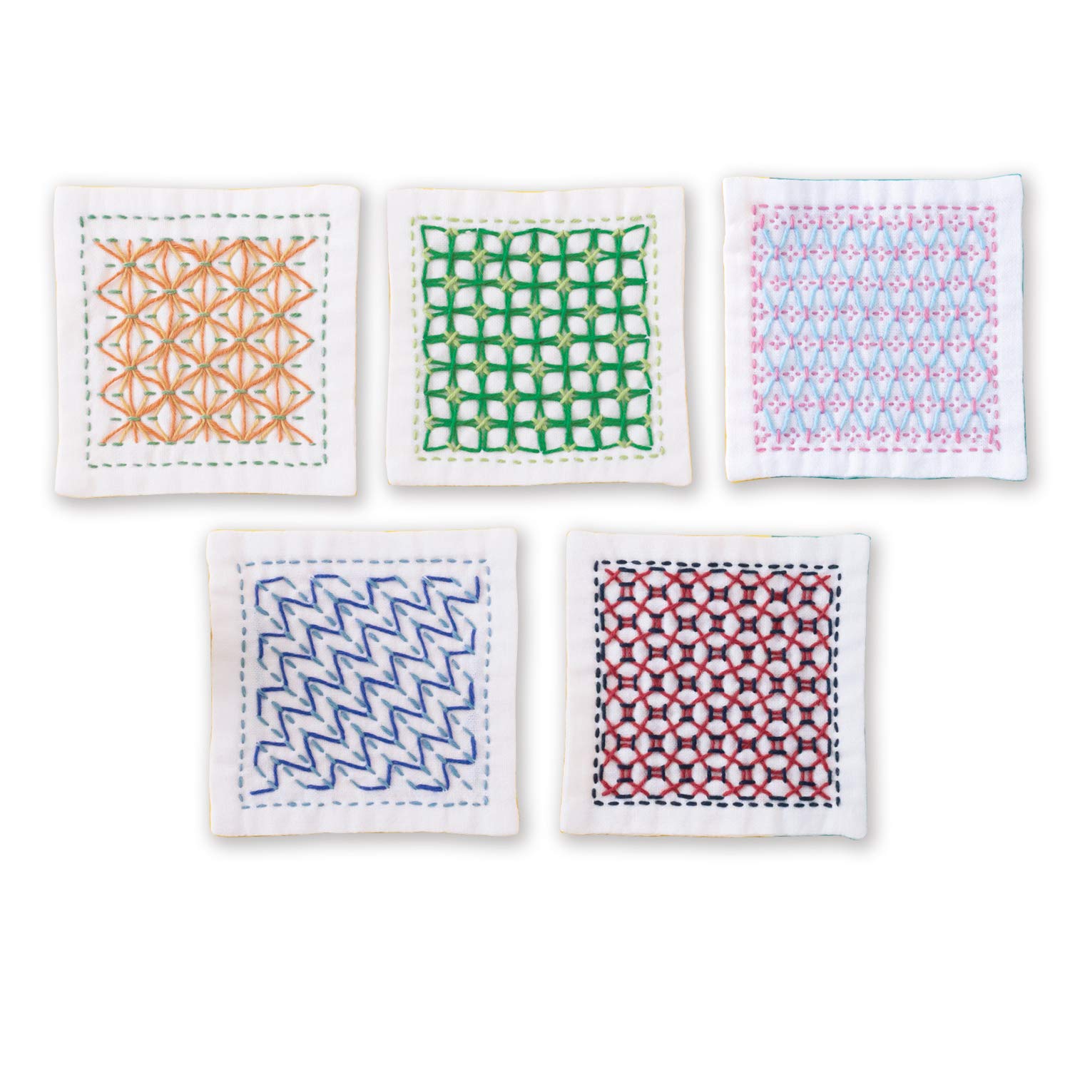 olympus Thread Kugurizashi Sashiko Embroidery Kit Coasters White Pack of 5 Printed Fabric Multicoloured