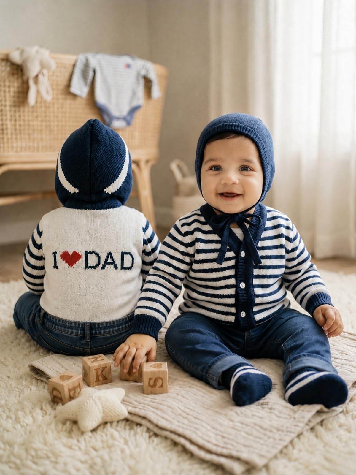 SMAZZ Baby-Boys Baby Sweater Set - Pack Of 3 | Woolen Full Sleeves V-Neck Striped For 3 To 6 Months Cardigan, Cap & Socks - Navy & Cream