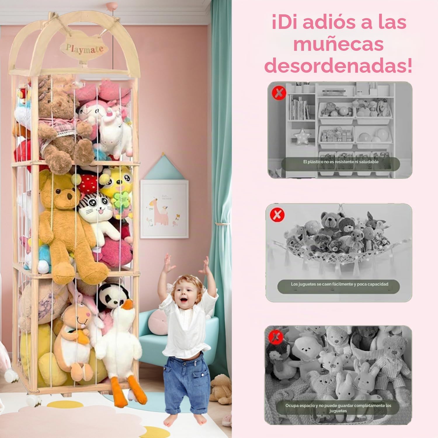 Organizador Peluches En Madera,Organizador Peluches,Guarda Con Reudas a 360°y Frenos,Ahorro De Espacio,Gran Capacidad,Portaositos Para Habitaciones Infantiles,Salas De Juegos,Etc.