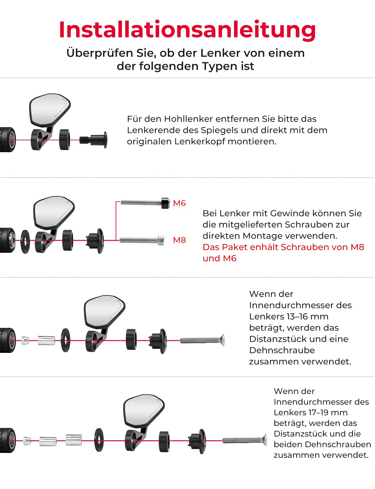 KEMIMOTO Lenkerendenspiegel Motorrad, 2 Stück Motorrad Spiegel Rückspiegel E-geprüft, 360°drehbarer Lenkerspiegel, 7/8" 22mm Seitenspiegel Kompatibal mit Scooter Roller ATV
