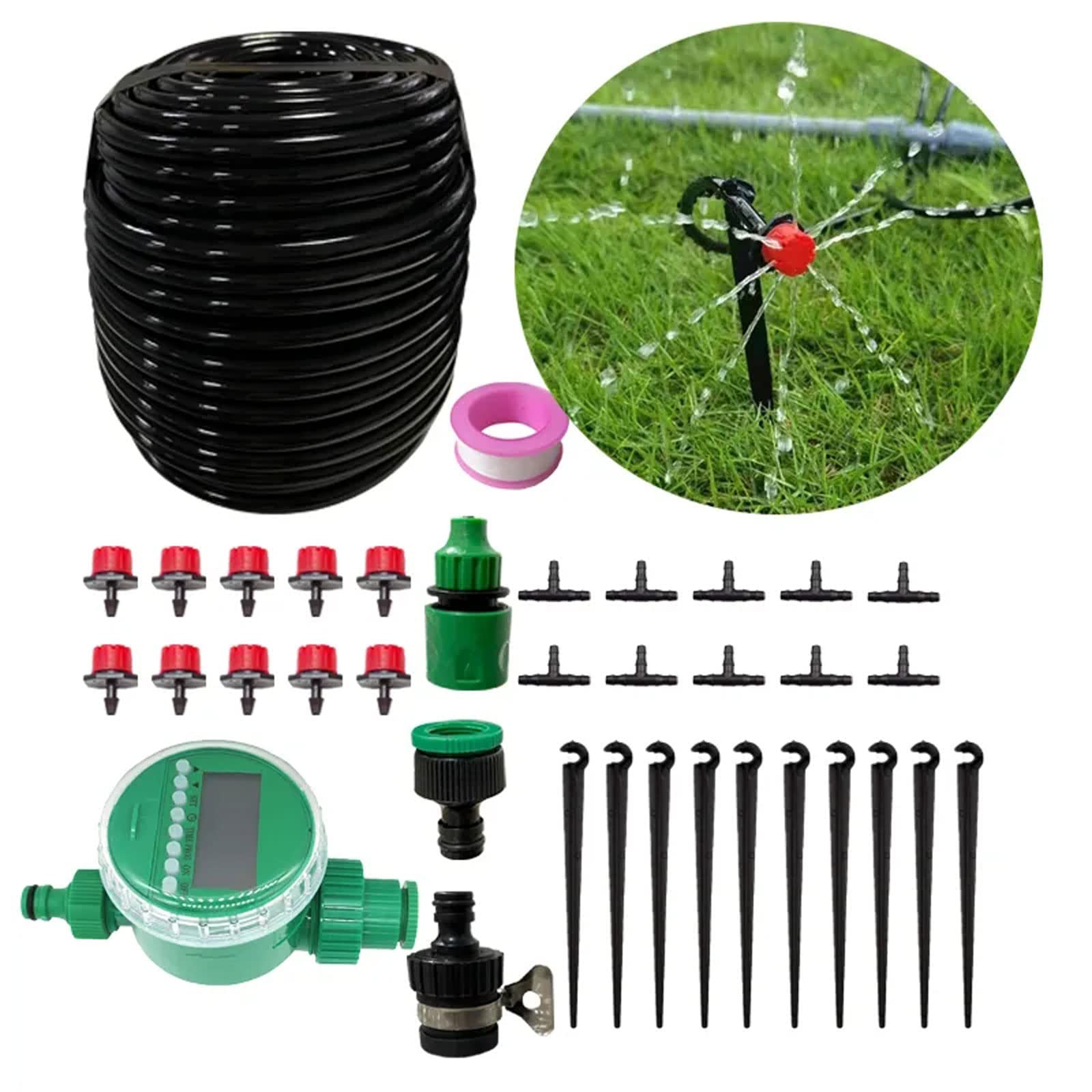 Kit de sistema de riego por goteo, Sistema de riego por niebla 32,8 pies con temporizador, tubería 1/4 pulgada, goteros aspersión, patio