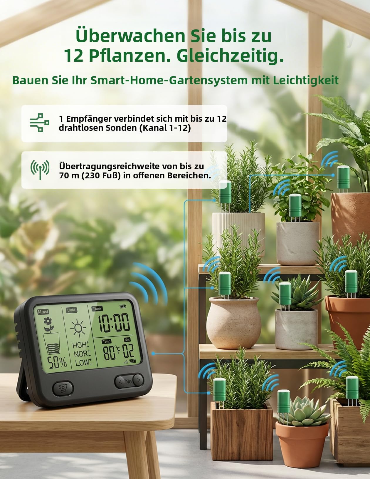 Humidimètre sans Fil pour Sol avec récepteur LCD – Capteur 3-en-1 à 3 sondes (humidité, température, lumière), portée RF de 230 Pieds, étanche, Longue autonomie (Sol 2 Capteurs)