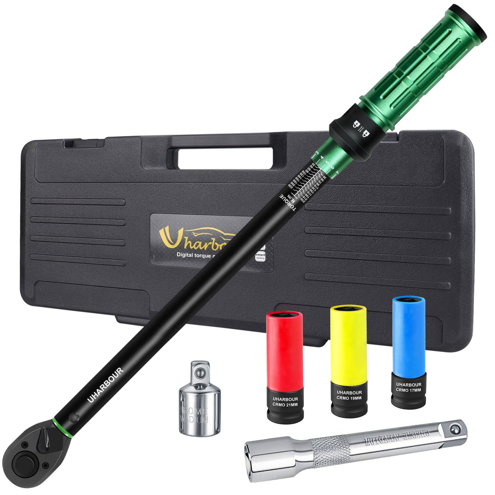 Uharbour Drehmomentschlüssel 1/2 Set 20-230Nm mit drei Stecknüssen, Adapter und Verlängerungsstange, Dual Direction mit Verriegelung, ±3%
