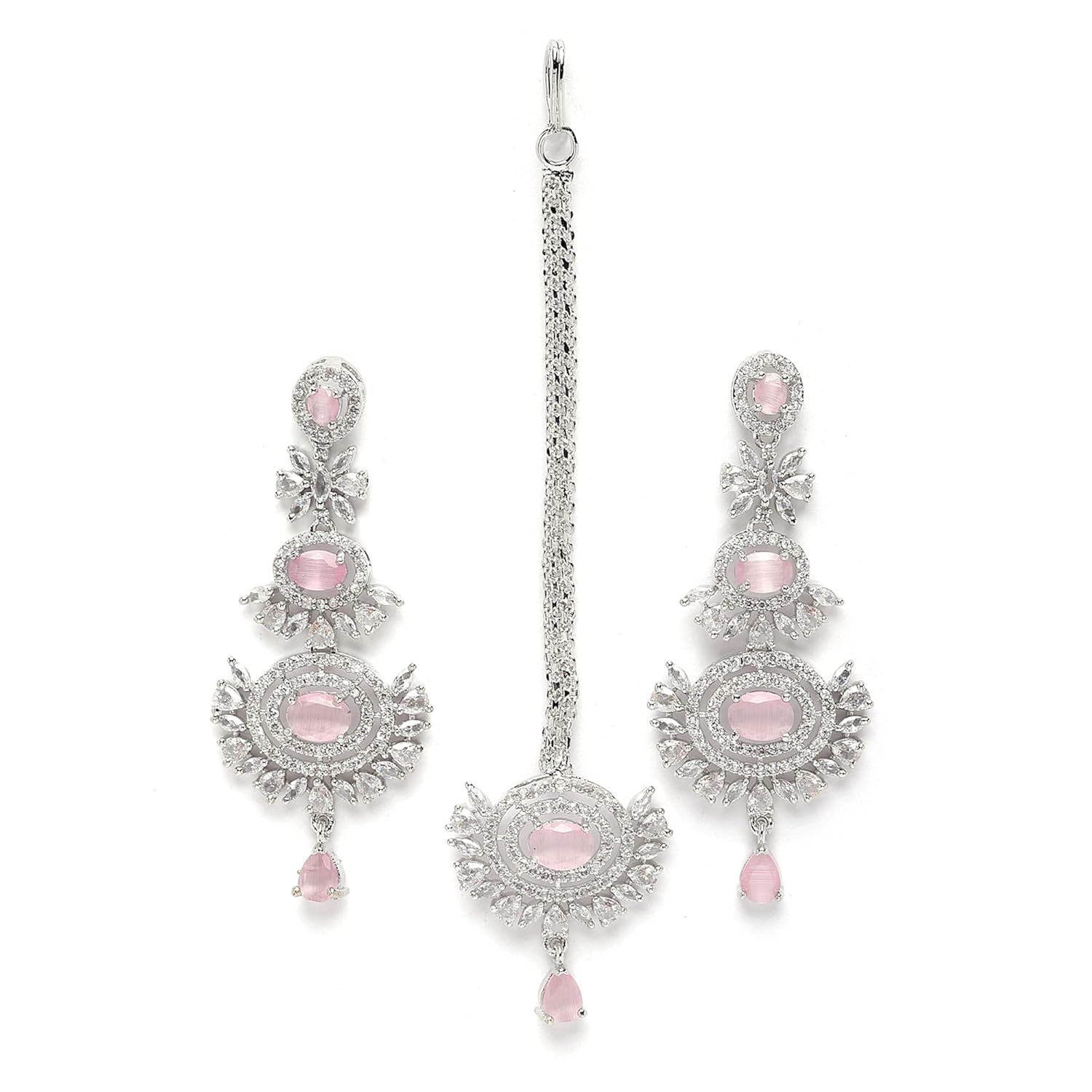 ZENEME Rose Gold Plated American Diamond Studded Maang Tikka & Earrings Jewellery Set For Woment and Girl