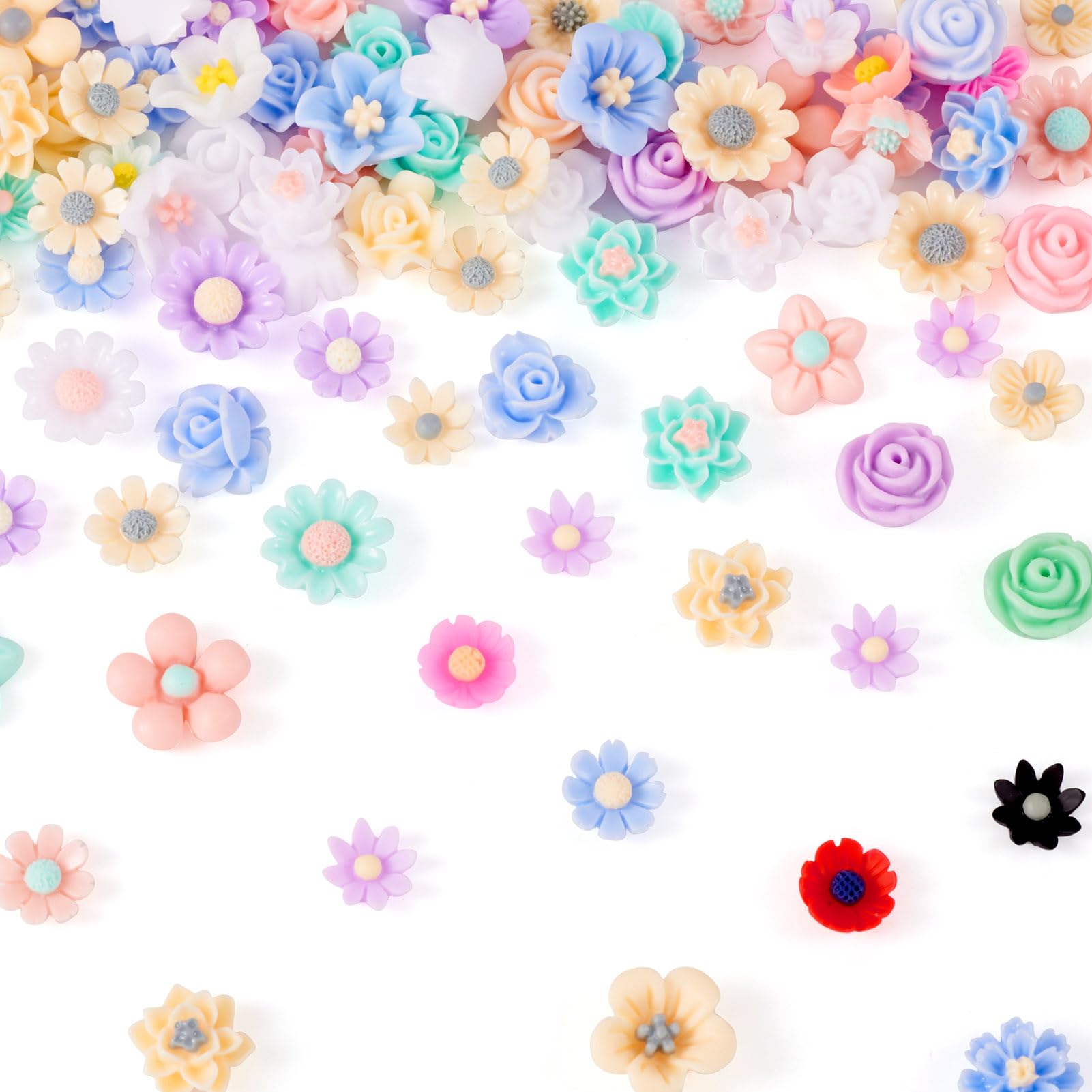 PandaHall 150pcs Blooming Flower Cabochons Resin Rose Floral No Hole Flatback Embellishments for Nail Arts Decoration DIY Jewelry Making — image 1