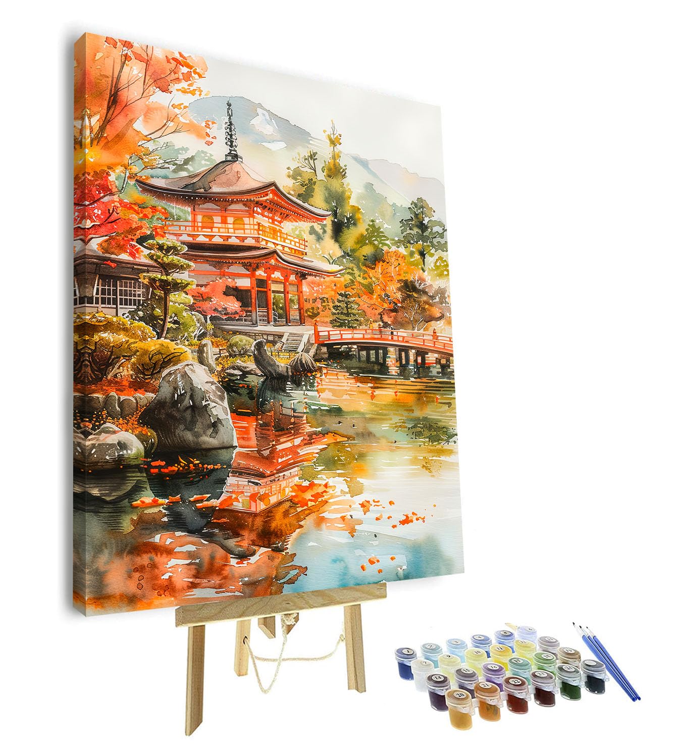 TISHIRON Adult Paint by Numbers Kit, Paint by Number for Adults - Traditional Japanese Landscape Art, Mountain & Temple Scene for Home Decor, Framed Canvas(16x20 Inch)