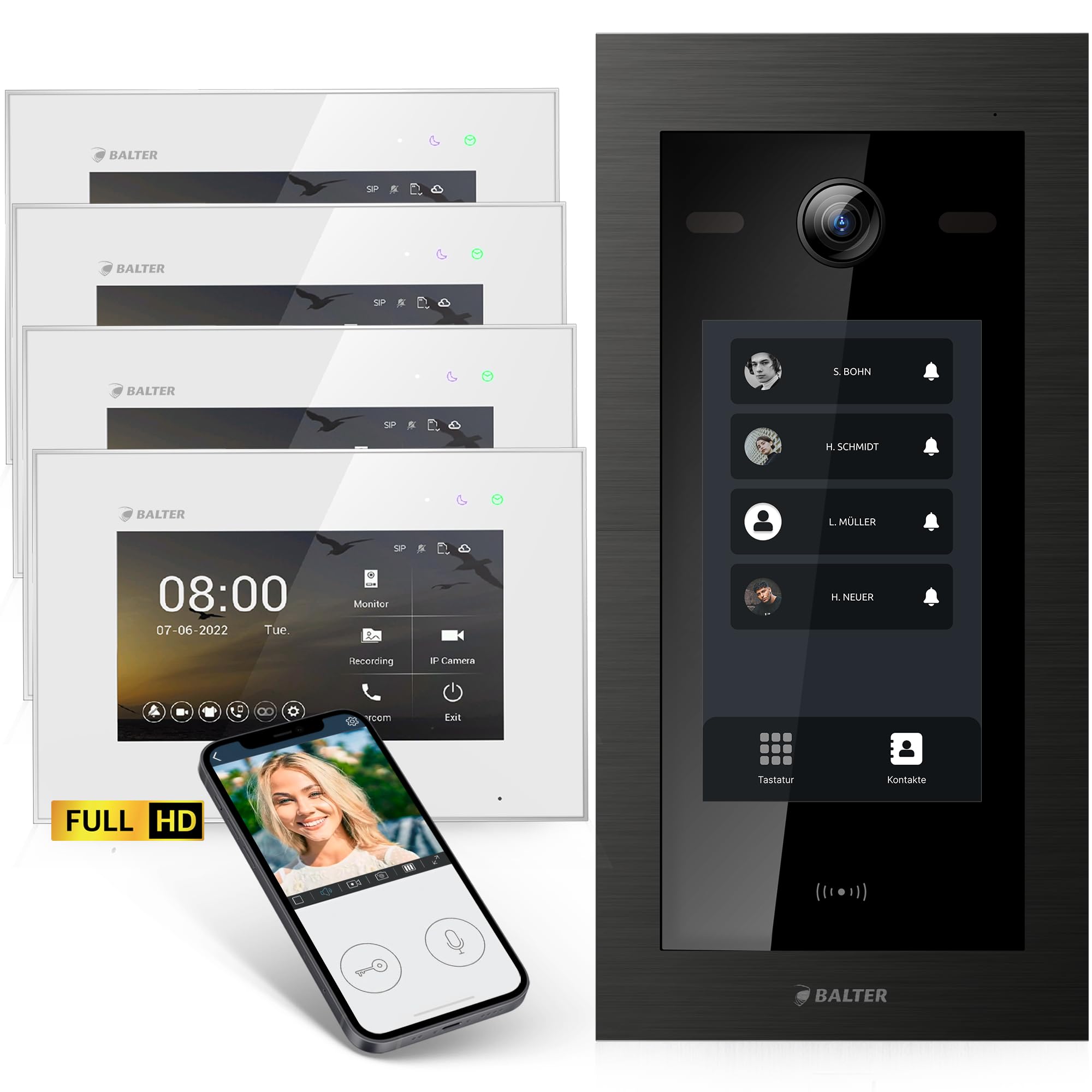 Balter EVO-HD Video Türsprechanlage mit Touchscreen Türstation, Video Türklingel, Smartphone App, 4 Familienhaus, 4X Monitore, Türklingel mit Kamera Full HD, 2 Draht Bus, 175° Weitwinkel, RFID