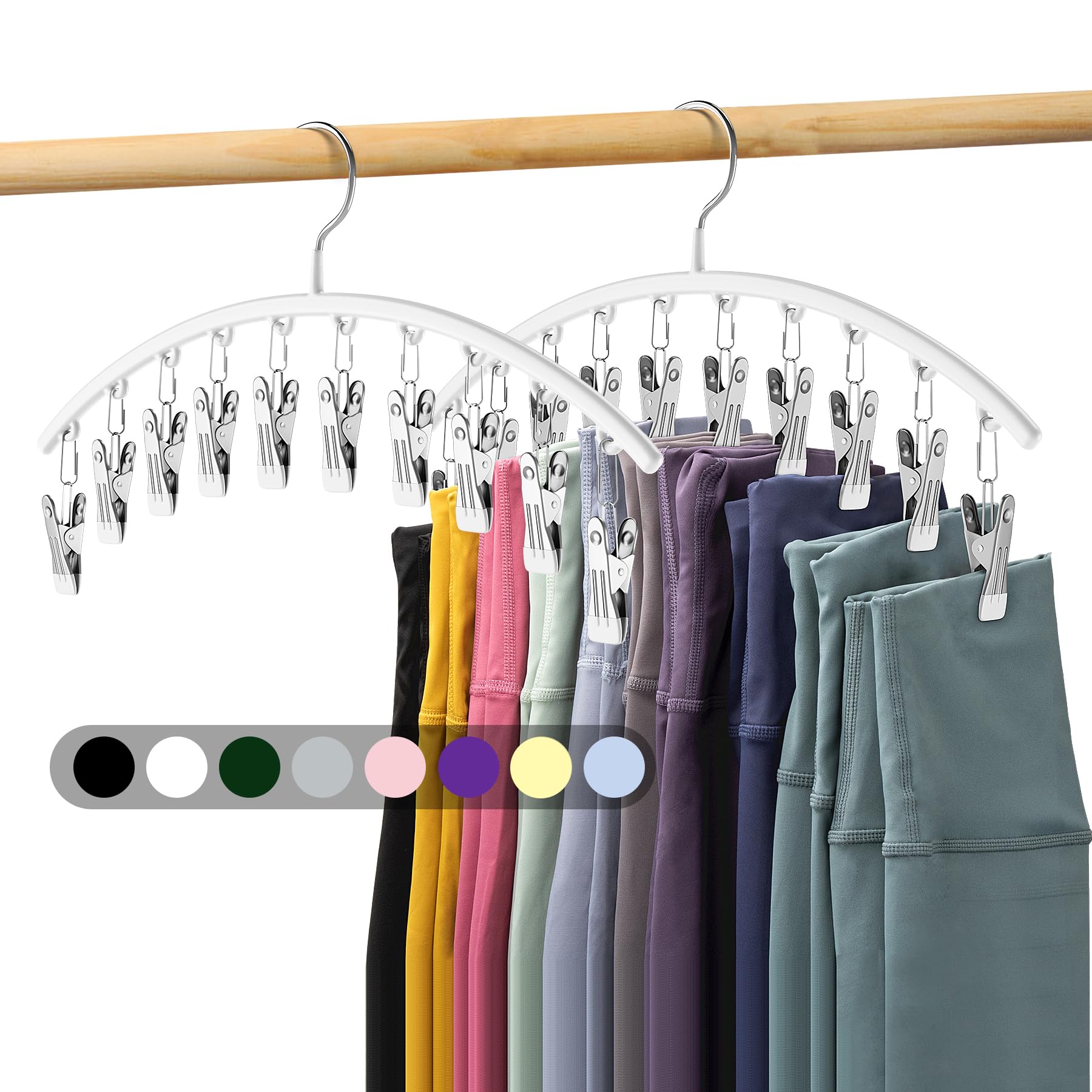 Volnamal Legging Organizer for Closet, Metal Yoga Pants Hanger w/Rubber Coated 2 Pack w/10 Clips Hold 20 Leggings, Hangers Space Saving Hanging Closet Organizer for Closet Organizers and Storage-White