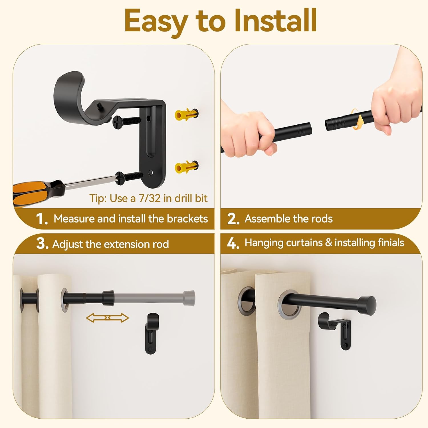 Yafex Curtain Rods 33-57 Inch, 6/8” Adjustable Black Curtain Rod for Windows, Fits 24”to 48” Window Widths, Splicing Metal Window Treatment Rods with Brackets, Easy Installation