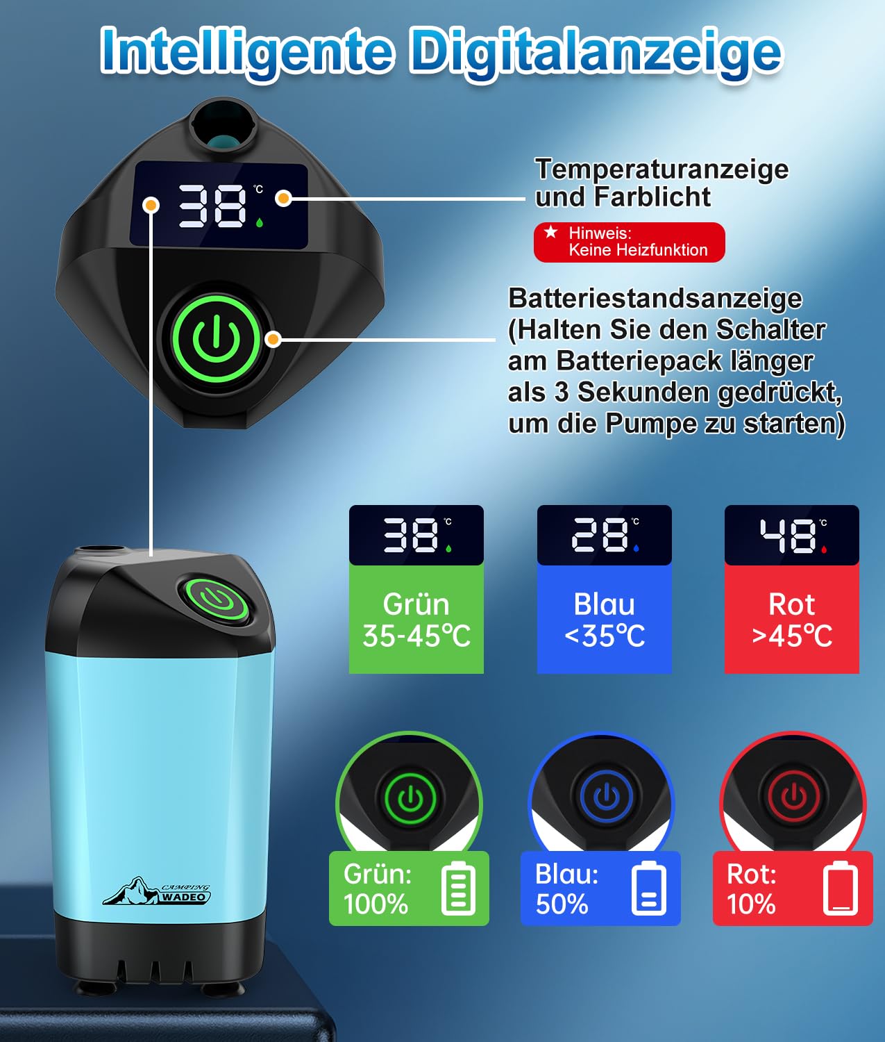WADEO Tragbare Campingdusche Akku mit Pumpe, Camping Dusche Outdoor mit wiederaufladbarem 6000-mAh-Akku, Mobile Duschen Außenduschen mit Duschkopf und Schlauch, für Camping Reisen Garten Autowaschen