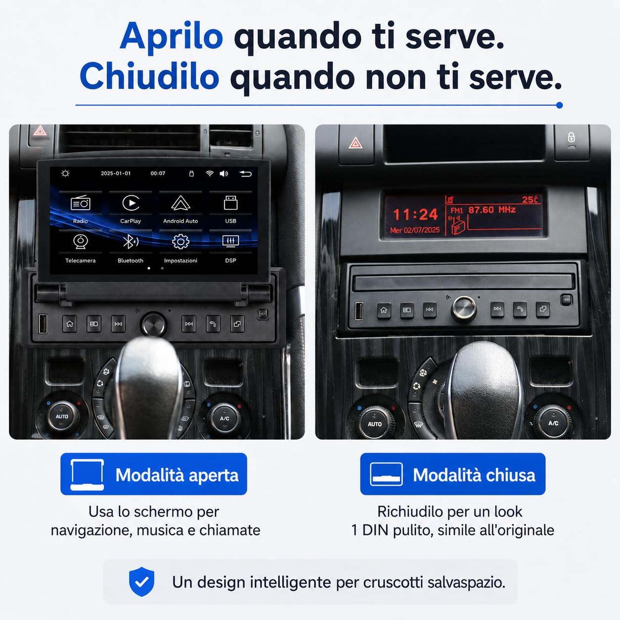 Autoradio 1 DIN con schermo touch retrattile da 6,8 pollici, sistema Linux, CarPlay Android Auto wireless, Bluetooth FM USB AUX, Mirror Link