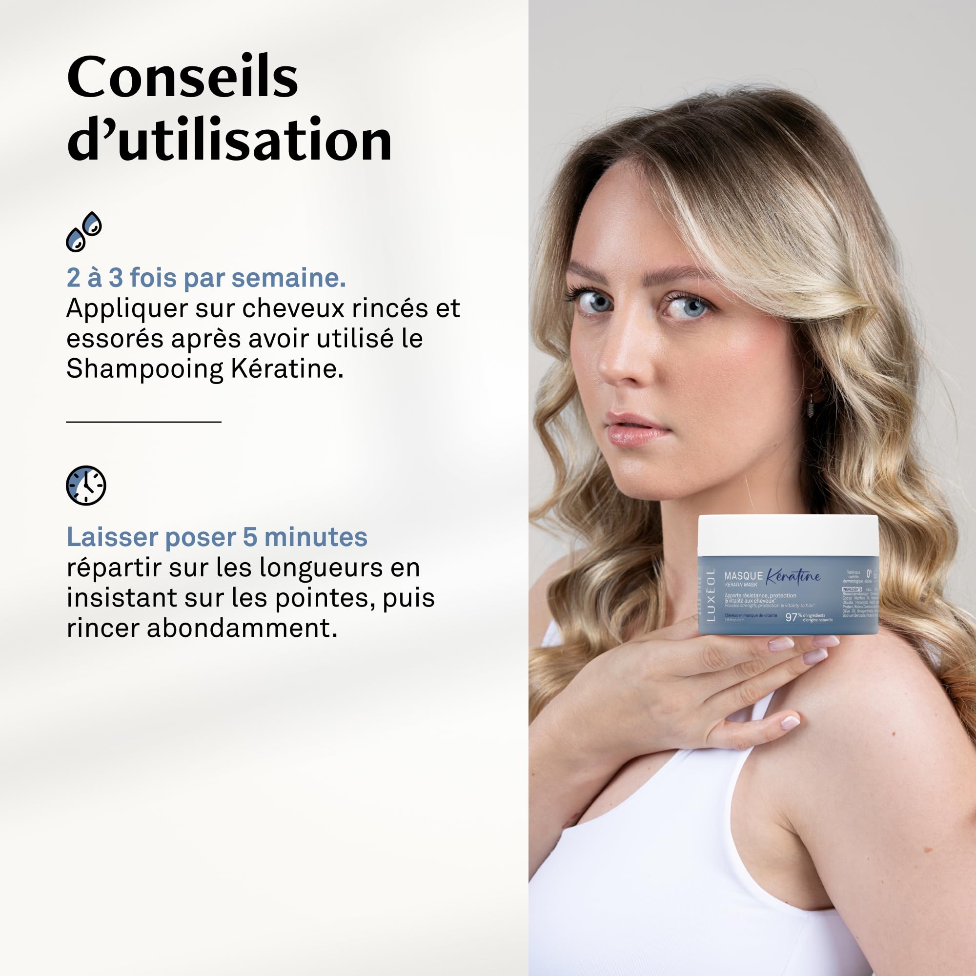 LUXEOL - Masque Kératine - Pour des cheveux renforcés, réparés et plus résistants *- 97% d’ingrédients d’origine naturelle - Sans silicones - Fabriqué en France - 200 ml