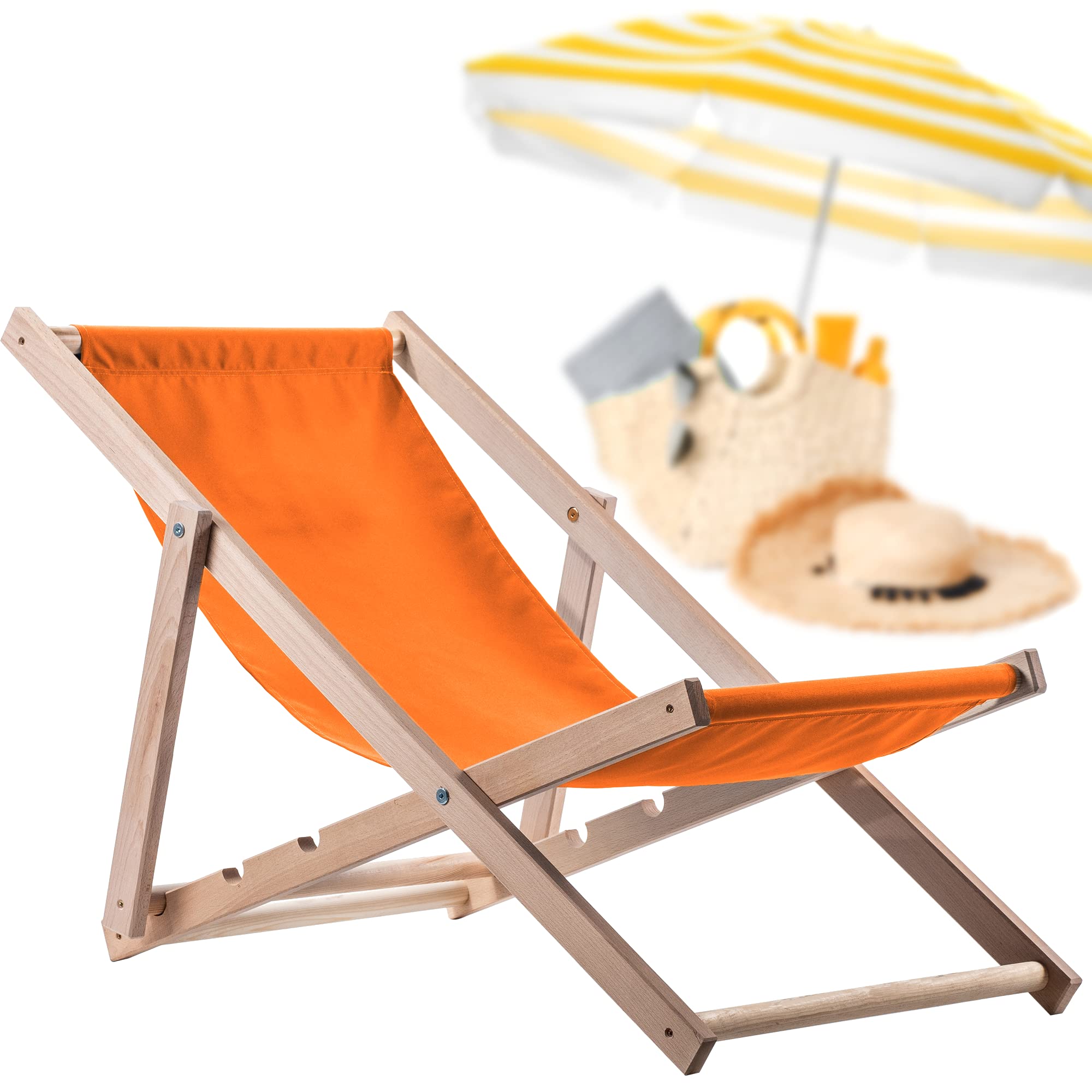 KADAX Leżak drewniany z buku, składany na plażę i do ogrodu, solidna konstrukcja, udźwig do 120 kg, łatwe przechowywanie, kolor pomarańczowy