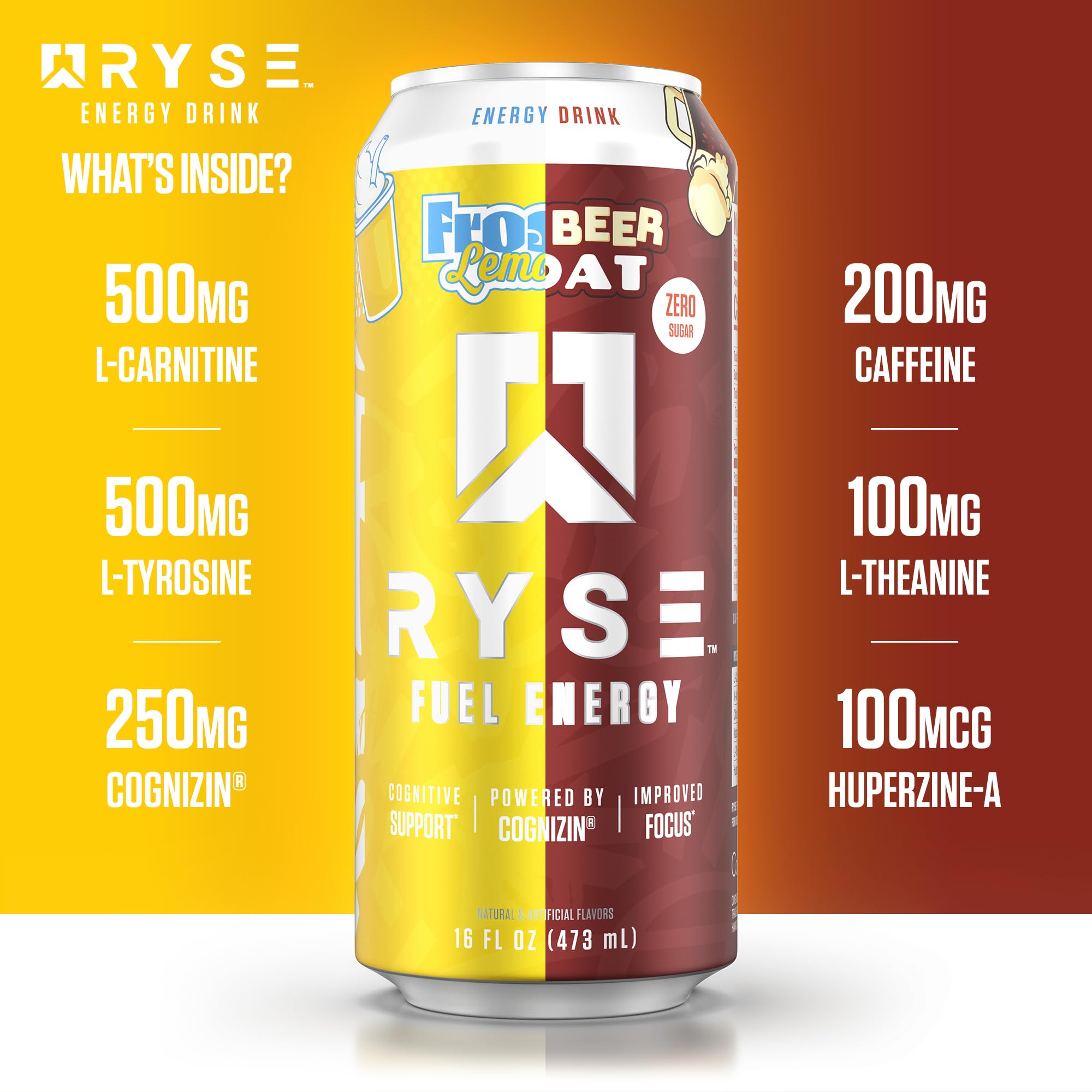 Amazon.com : RYSE Fuel Energy Drink - Variety Pack (6 Frosted Lemonade & 6  Root Beer Float) - Sugar Free