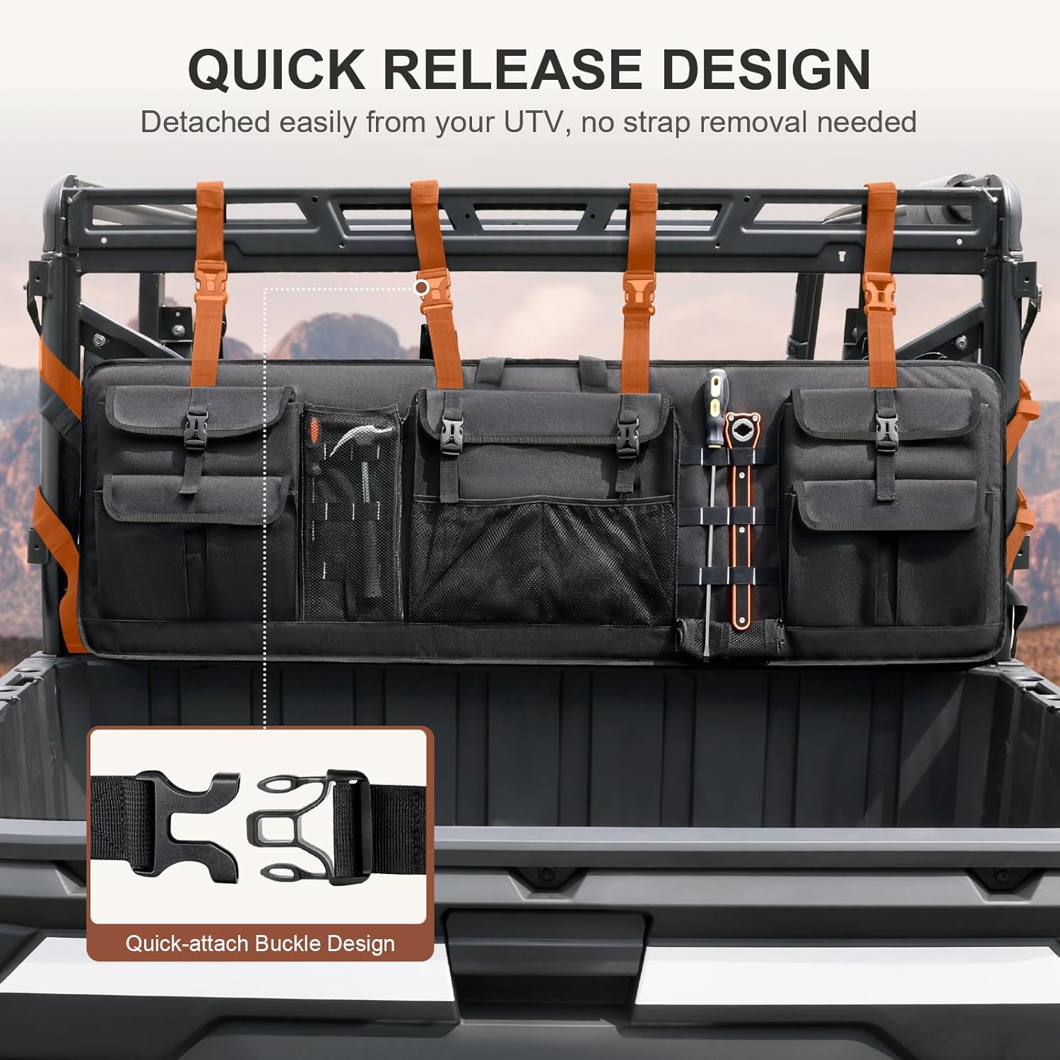 Double UTV Tool Carrier Soft Case, Quick Release Hunting Tool Bag Rack for Hunting Activities Compatible with Polaris Ranger Yamaha Kawasaki and Most UTVs (Black)