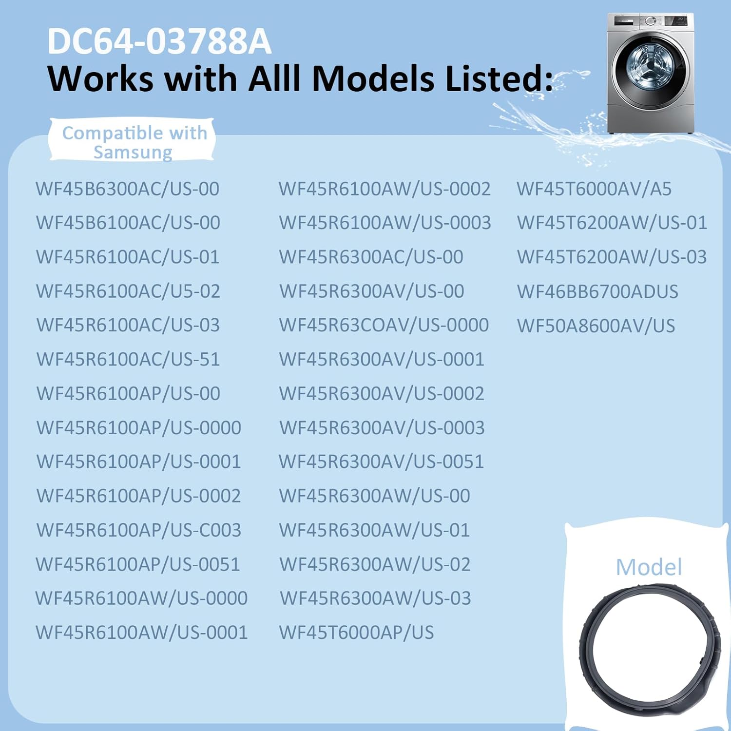 WF45T6000AW/A5 Washer Door Boot Seal for Samsung Front Loader Door Seal DC64-03788A X 006 AP6884238 diaphragm Fit WF45R6300AW/US WF45R6100AW/US WF45T6200AW/US WF45B6300AW WF45A6400 WF46BB670 WF50A860