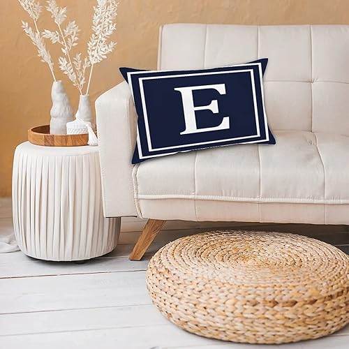 Miniatura 2 de Fundas de almohada lumbares decorativas con letras iniciales y patrón geométrico, letra E, color azul marino, monograma, funda de cojín para sofá,