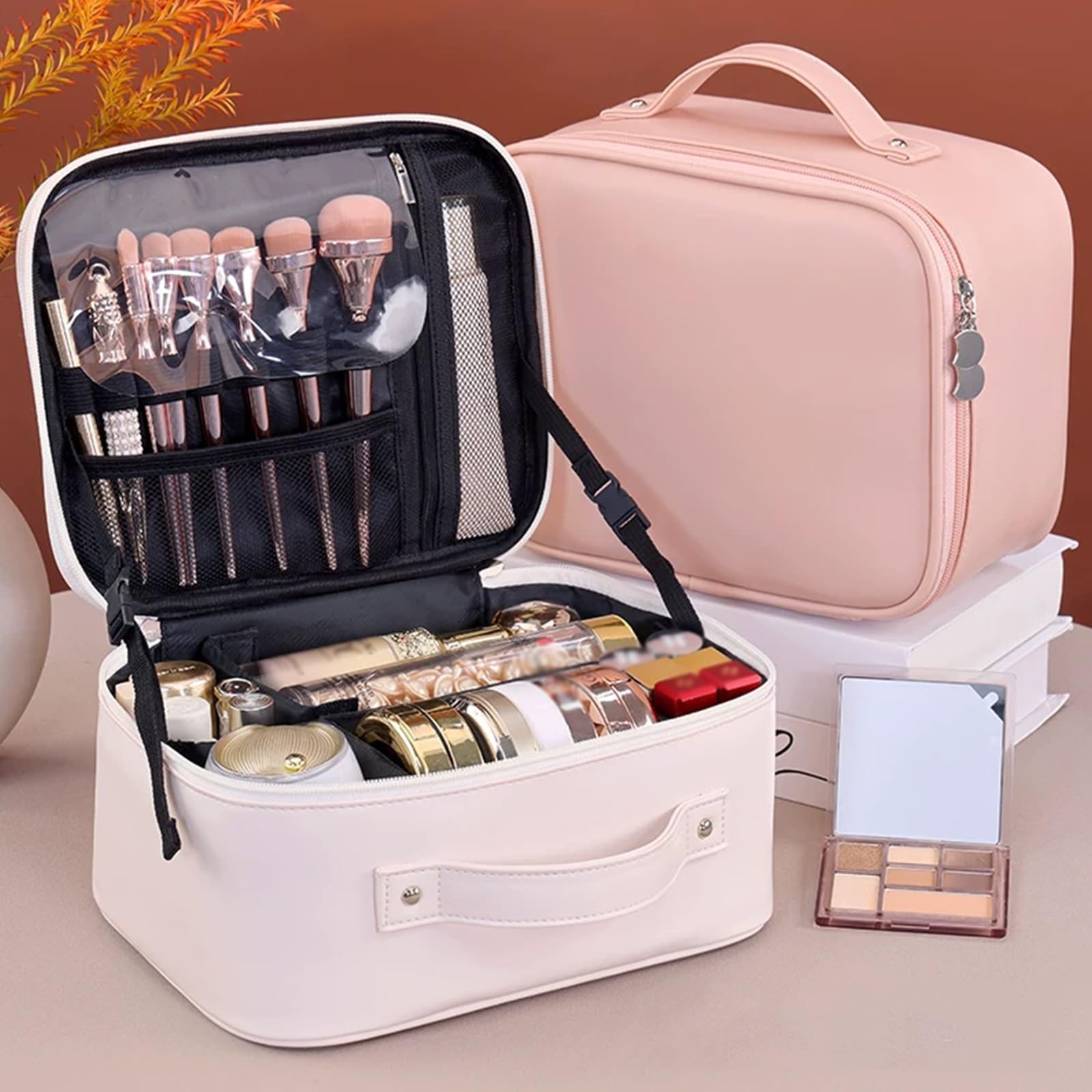 Beauty Case da Viaggio, Beauty Case da Appendere per Donna, Ideale per San Valentino, in PVC Trasparente Impermeabile, con Divisorio Interno Rimovibile e Chiusura con Fibbia(Brown)