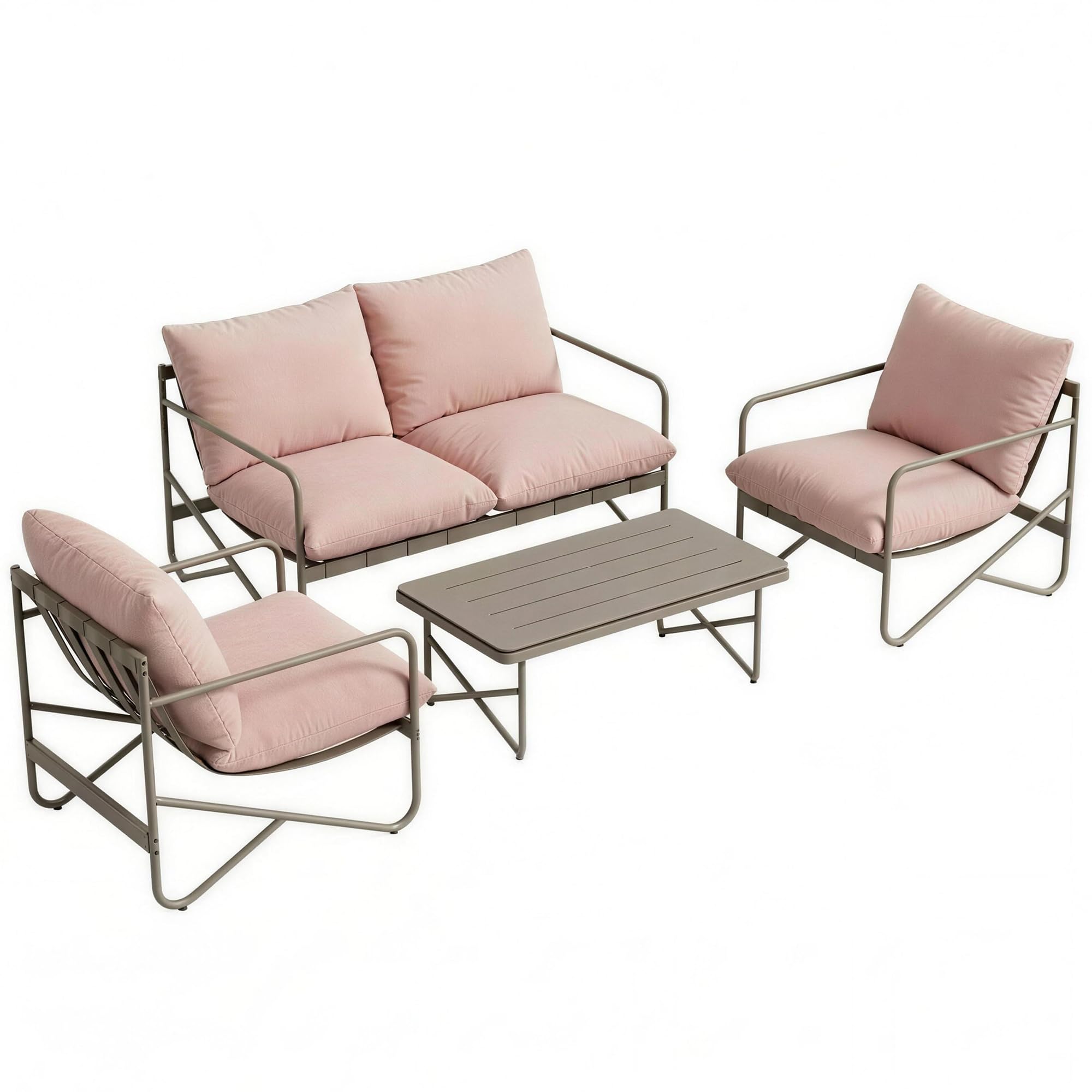 Outsunny Set Salotto da Giardino 4 Pezzi, Set di Mobili da Giardino in Metallo con Divano 2 Posti, 2 Poltrone, Tavolino con Piano Metallo, Cuscini Spessi, Salottino da Esterno per Patio Balcone, Rosa