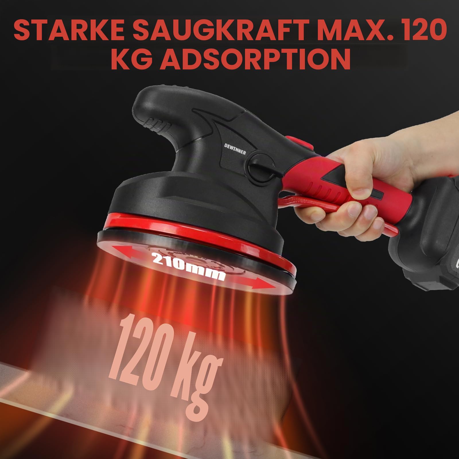 DEWINNER Fliesenvibrator, Fliesenmaschinen 6 Gänge Einstellbar, Fliesenrüttler mit akku Vakuum Saugheber für 0,3-2m Fliesen, 120kg Adsorption (Mit 2 Akkus und LCD-Display)