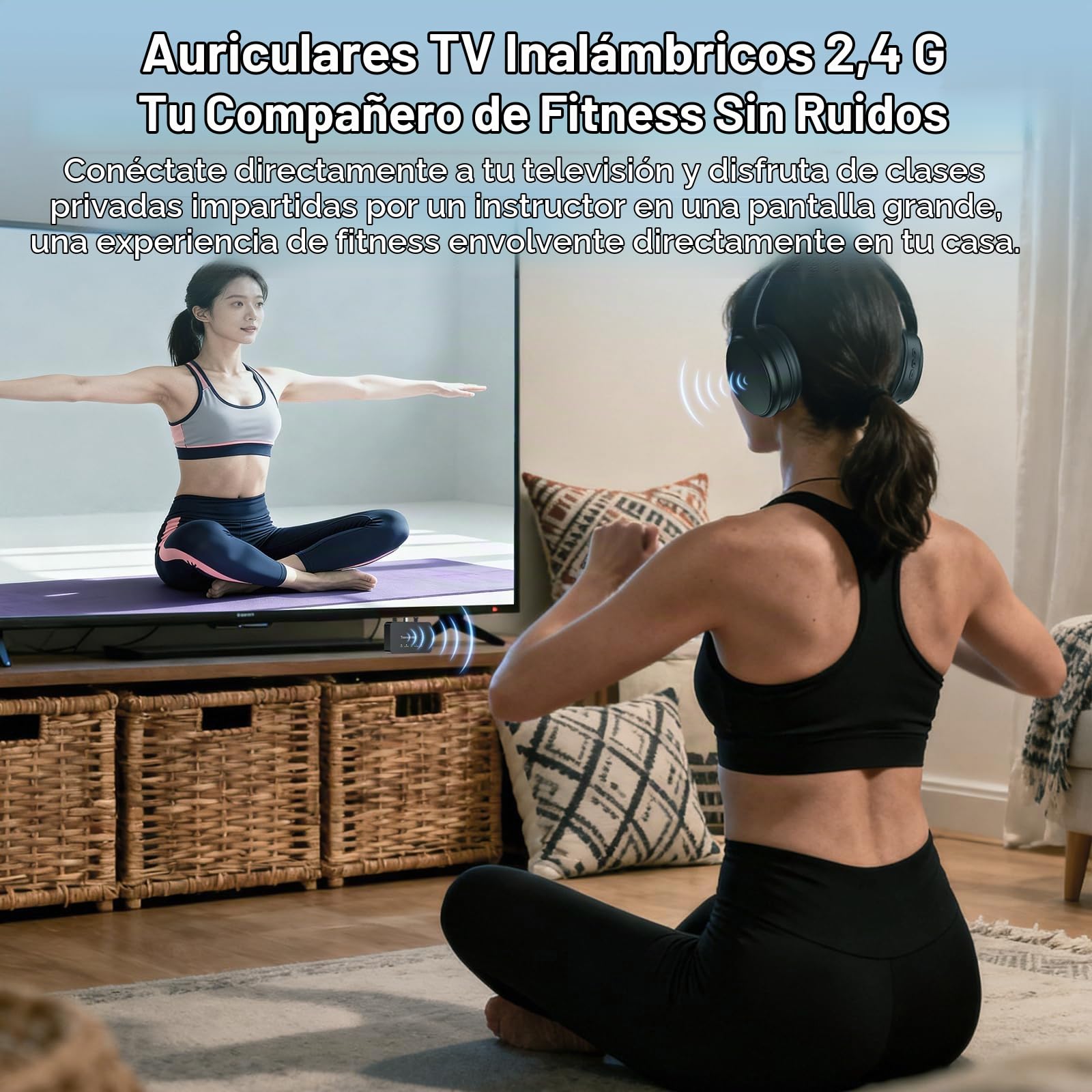 Auriculares Inalámbricos para TV, Auriculares Bluetooth y 2.4G de Modo Dual con Caja Transmisora, 5 Preajustes de Ecualizador con Diálogo Claro, Cascos para TV o Viajar, Negro