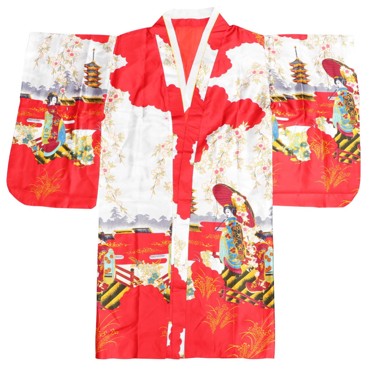 Kimono japonés rojo de seda imitada para mujer 8