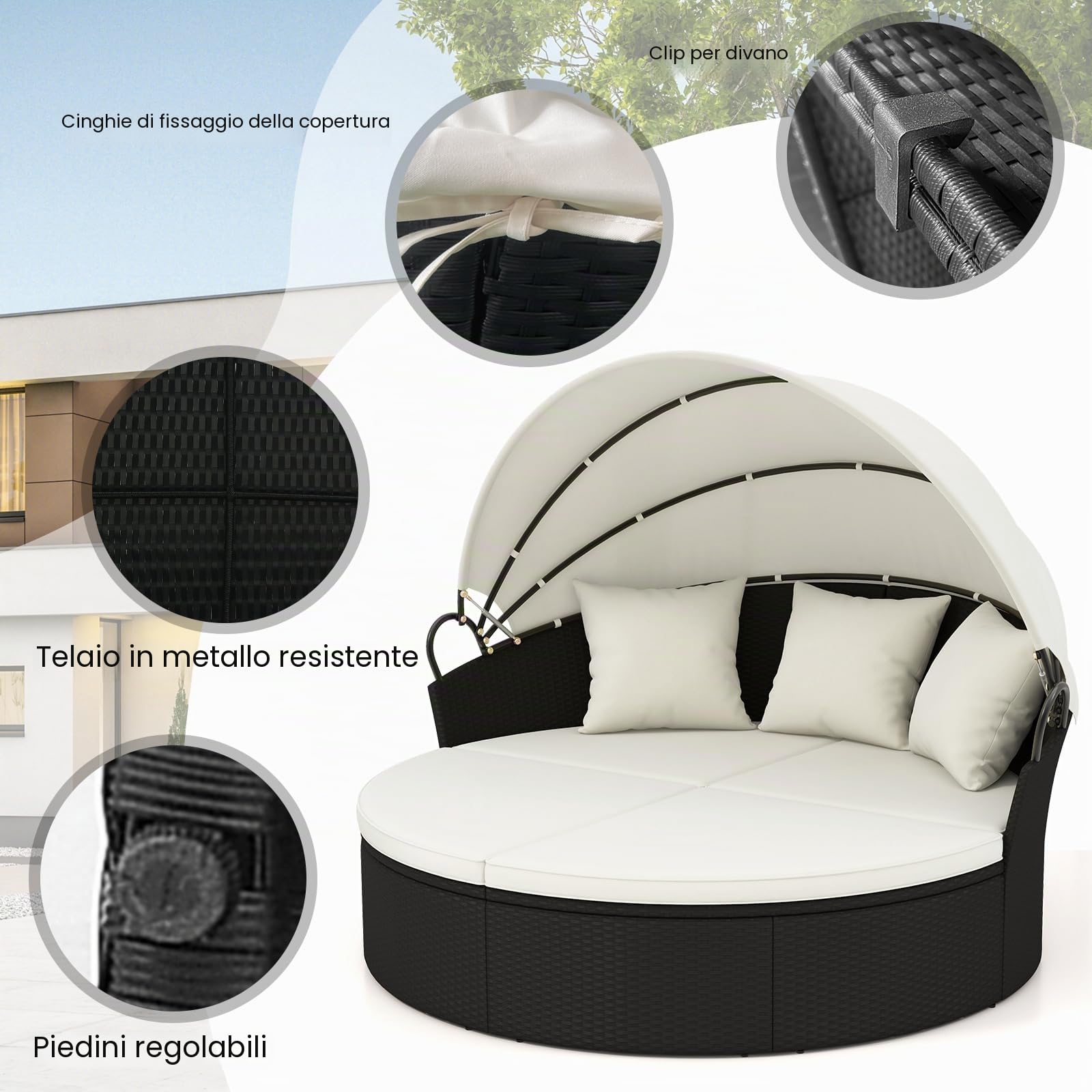 GIANTEX Isola prendisole con lettino e cuscini, tettuccio pieghevole, rattan lounge da giardino, sdraio da giardino, set rotondo φ187 cm per 2-3 persone, mobili da giardino per terrazzo (Bianco)