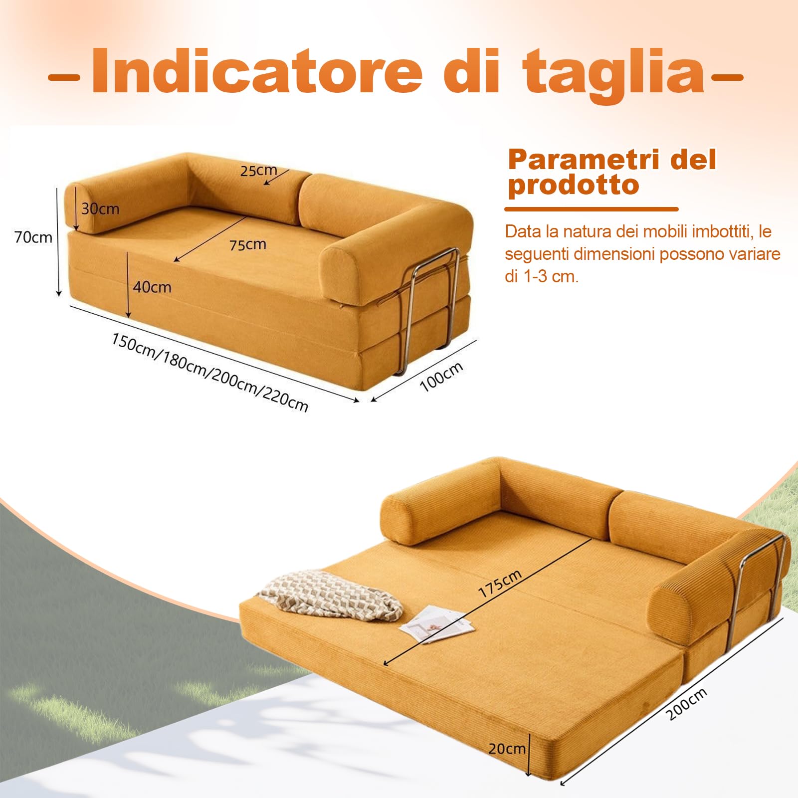 Divano da pavimento con funzione di sonno, divano a 3 posti, pieghevole, moderno divano pieghevole per soggiorno, camera da letto 220cm