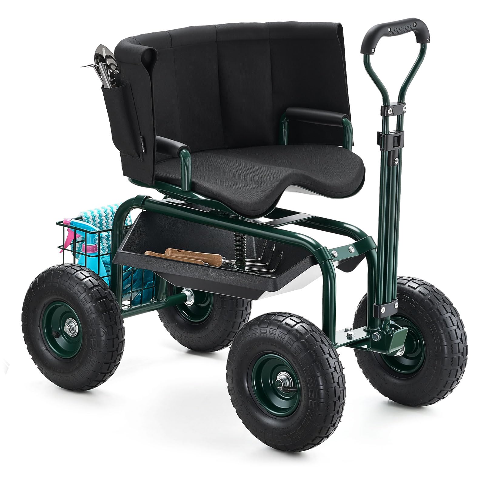 VEVOR Mobiler Gartensitz 810x480x690/770 mm, Gartenrollsitz mit höhenverstellbarer & um 360° drehbarer Sitzfläche, Tragkraft 180 kg, Rückenlehne & Werkzeugaufbewahrung, für Garten, Hof, Terrasse