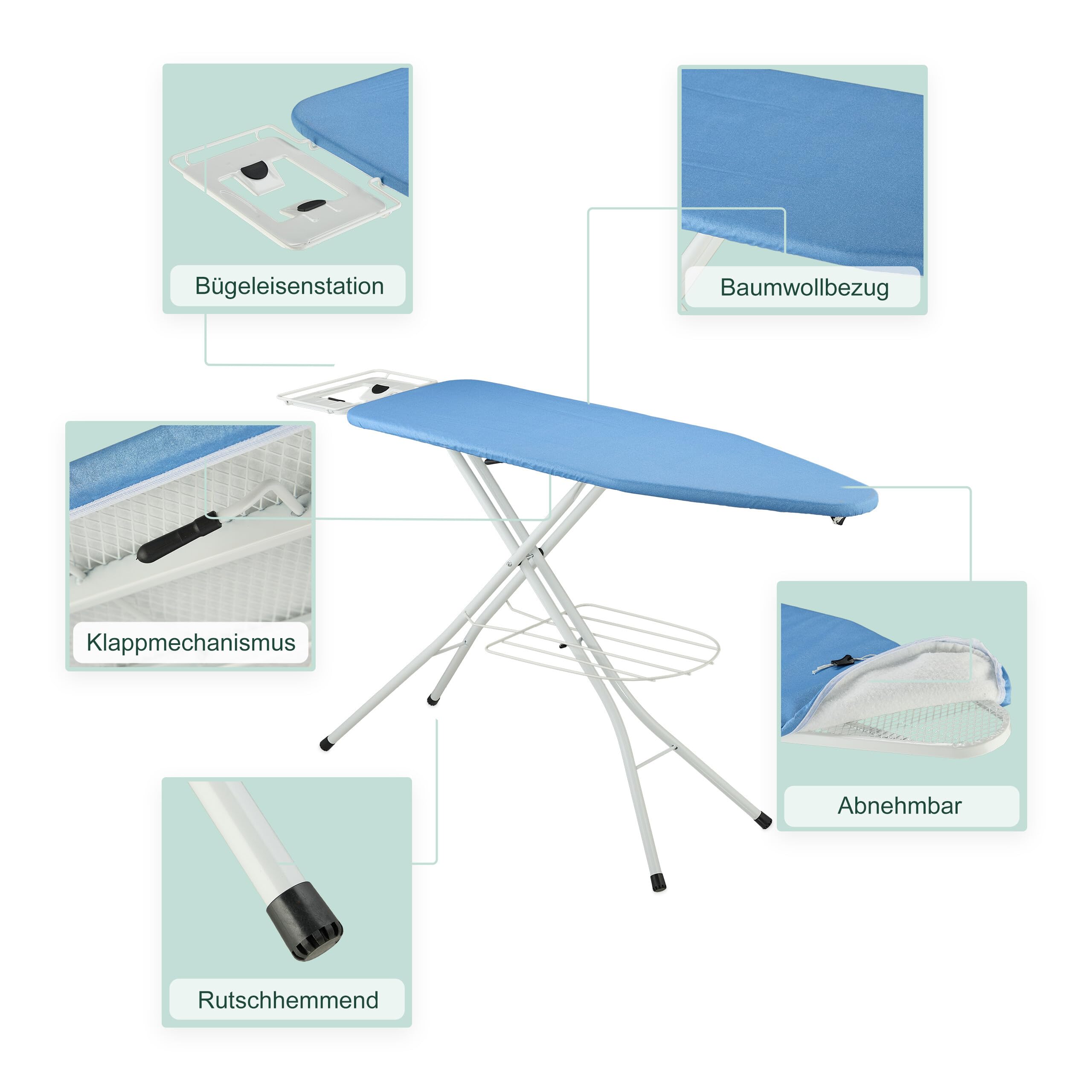 Relaxdays Bügelbrett für Dampfbügeleisen, 120 x 38 cm, höhenverstellbar, klappbar, Kleiderablage, Bügeltisch, blau