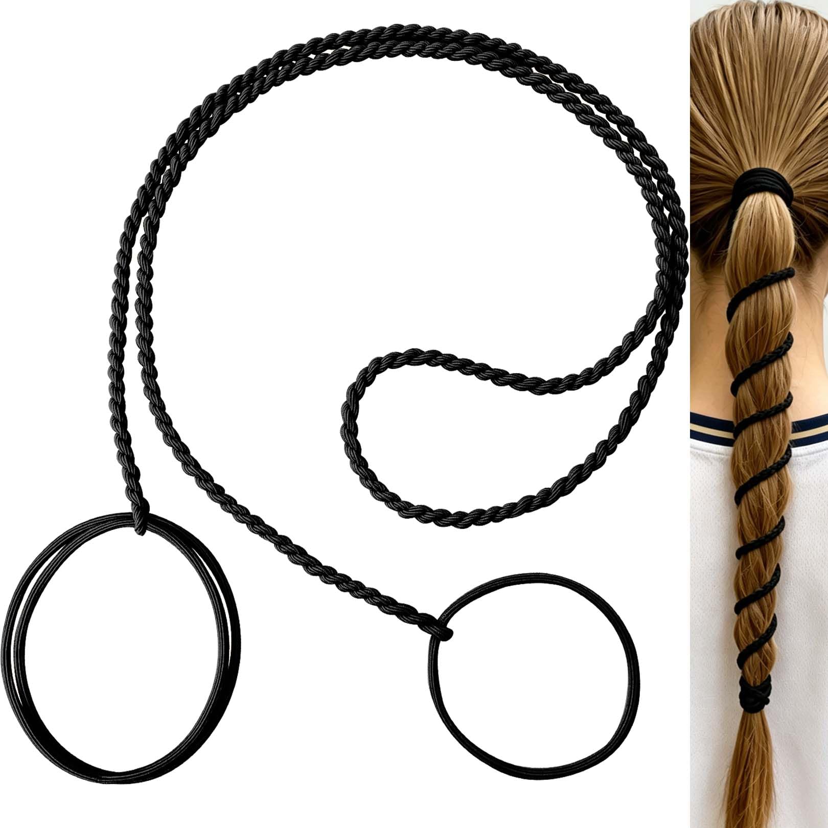 Spriral Haargummis für Sprossen, Langhaar-Pferdeschwanz-Halter, elastisch, geflochten, kein Verheddern, Pferdeschwanz-Wickel für langes Haar für Fitnessstudio, Schwimmen, Tauchen, 88,9 cm, Schwarz