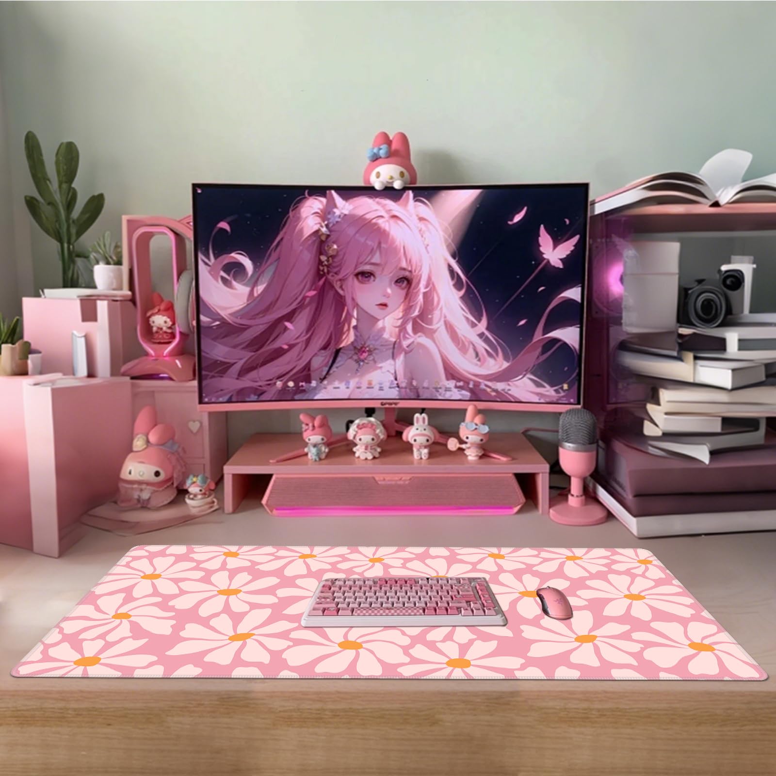Baziabbo Alfombrilla de escritorio rosa, XXL extendida grande, alfombrilla de mouse para juegos con borde cosido, base de goma antideslizante para teclado para el hogar, oficina, juego de estudio