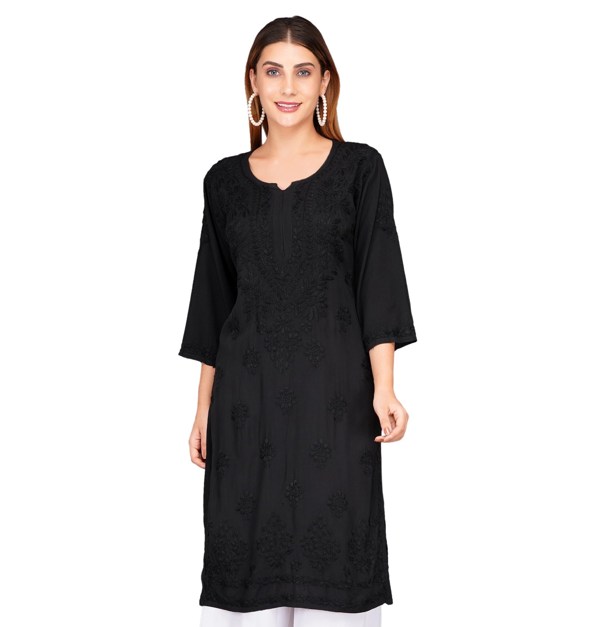 mrs right boutique selections - adding style to designs MRS Right Cotton Chikankari Kurti, Round Neck, Three Quarter Sleeve, 90 cm Length, Straight Fit, White-picture-31