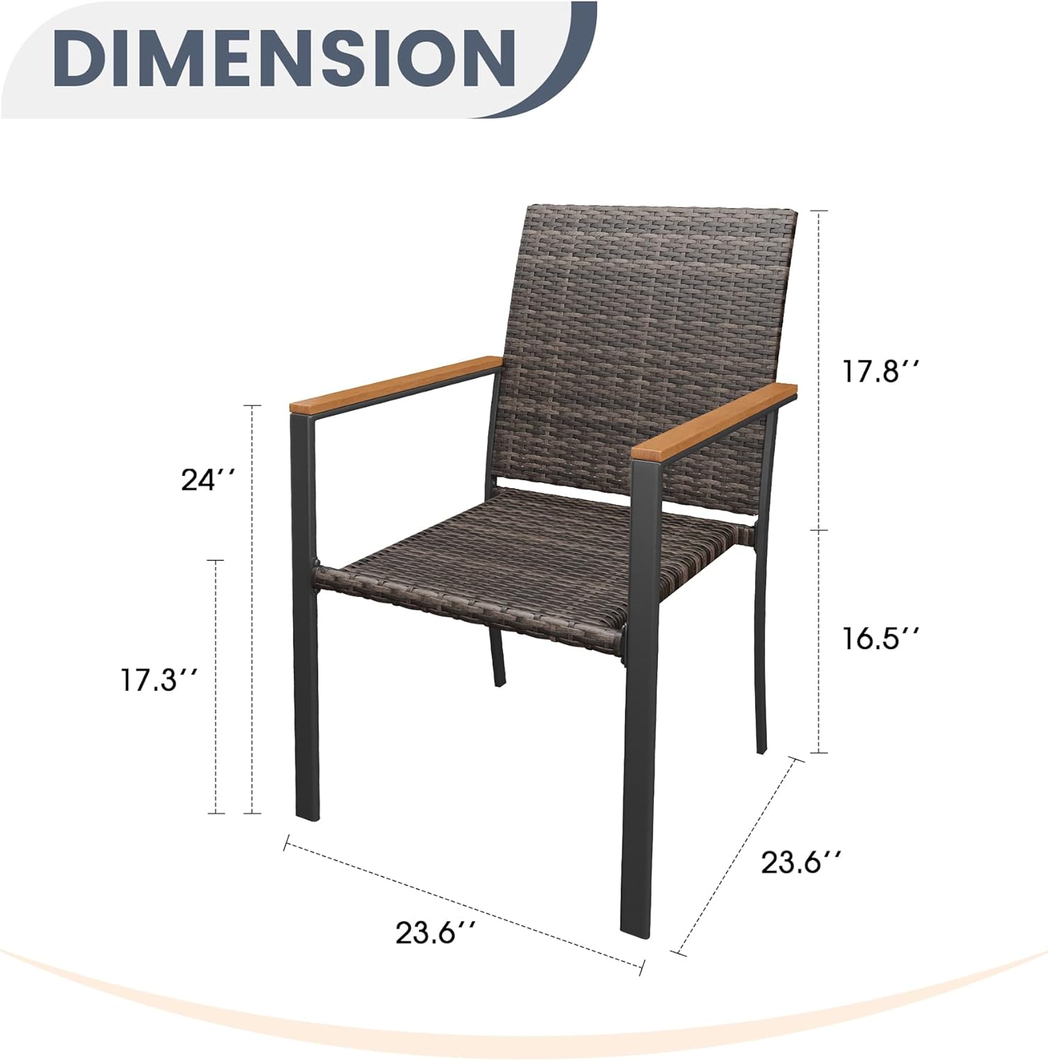 VICLLAX Patio Dining Chairs Set of 6, Outdoor Wicker Chairs w/Straight Armrests and Steel Frame for Patio, Deck, Backyard - Brown