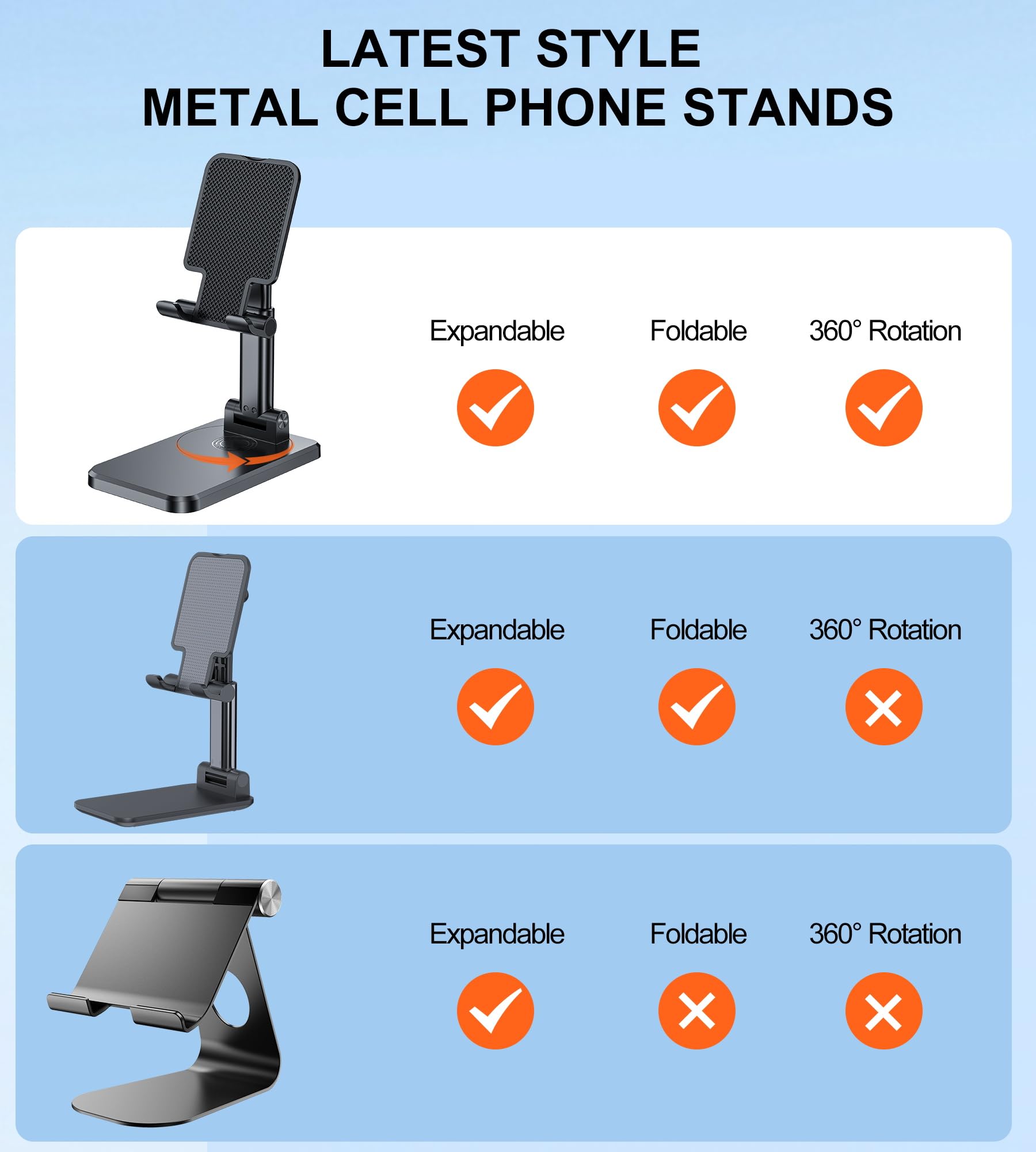 Stojak na telefon komórkowy pulpit BHHB 360° Uchwyt na Telefon Regulowany składany aluminiowy uchwyt na telefon na biurko Kompatybilny z iPhone Galaxy Huawei Redmi (Czarny)
