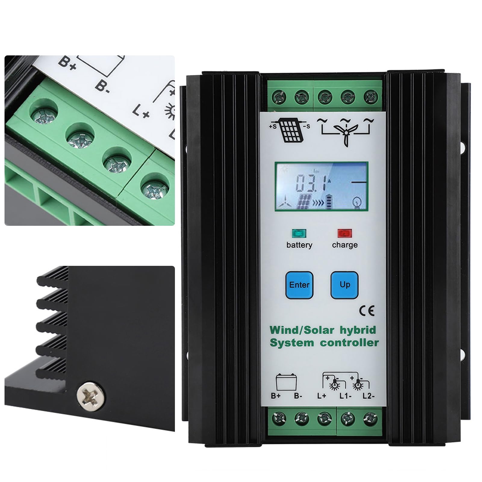 Hybrydowy kontroler solarny, 12 V/24 V, cyfrowy, inteligentny regulator ładowania z obwodem doładowania i wyświetlaczem LCD do systemów wiatrowych 400 W Solar 800 W
