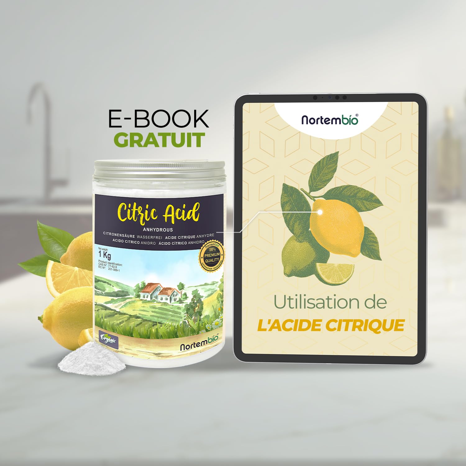 Nortembio Acide Citrique 5 kg – Acide Citrique Anhydre Concentré 100 % Pur Certifié – Nettoyage Domestique Polyvalent – Sans OGM – E-Book Offert