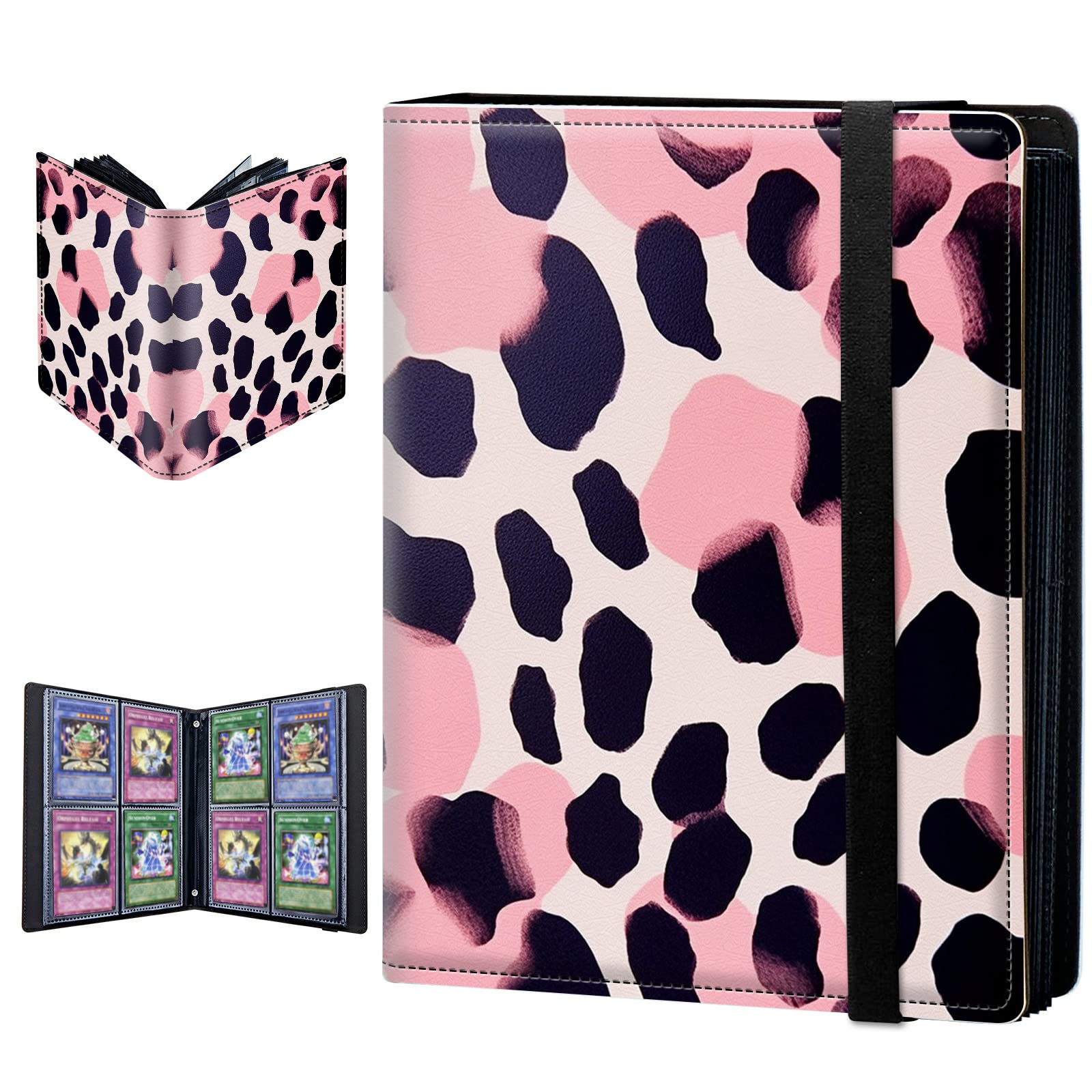 BPQOJB Trading Card Binder, 4 Pocket Trading Cards Album Display Holder, 160 Cards Double Sided Pockets Card Holder Binder Sleeves Card Case for Standard Size Cards Sports Cards,Pink Leopard