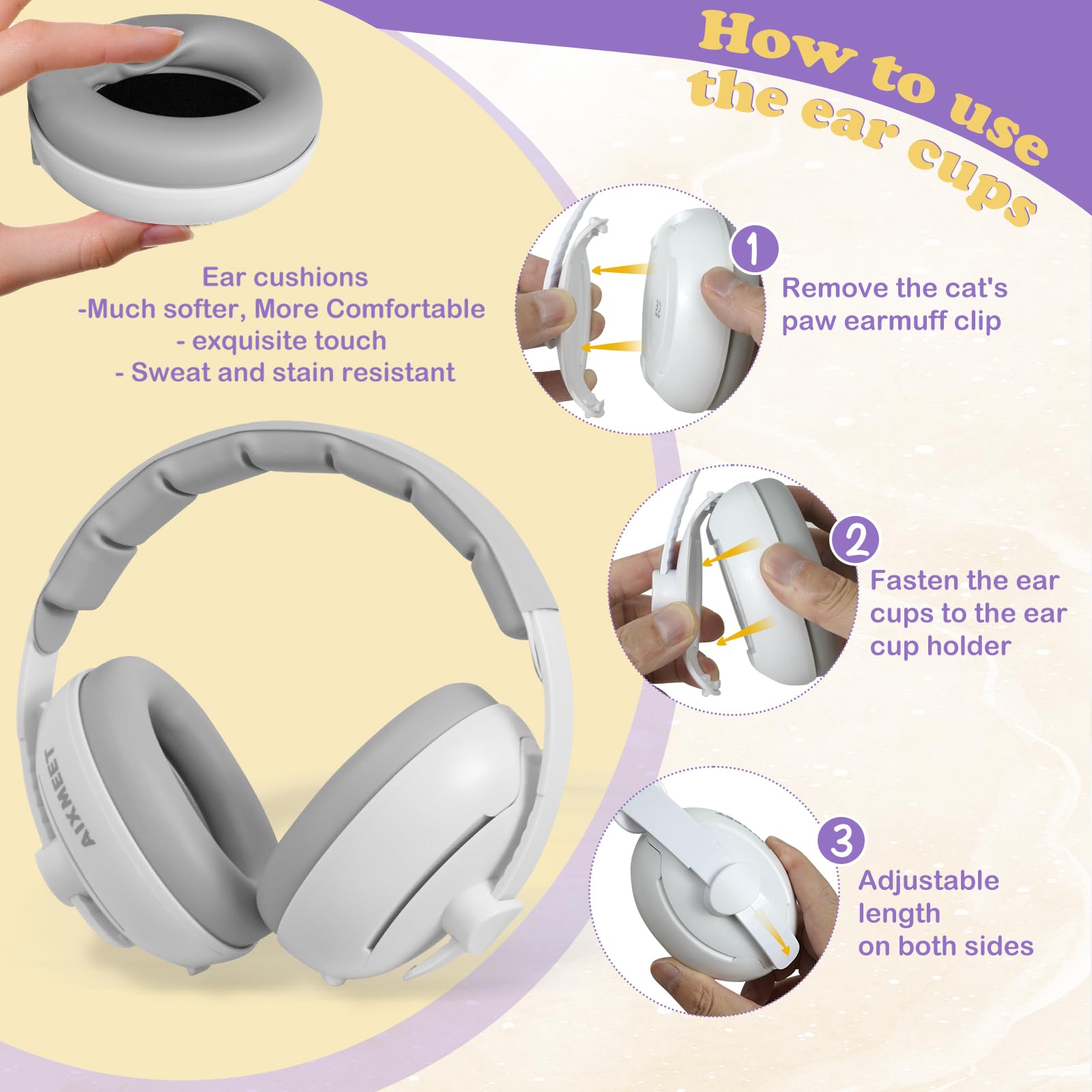 AIXMEET Casque Anti Bruit Bébé,2 en 1 Casque Anti Bruit pour Bébé & Enfant, Protection auditive pour les enfants de 3 à 48 mois,Réglable et Confortable,pour la Vie&les Fêtes (Blanc)