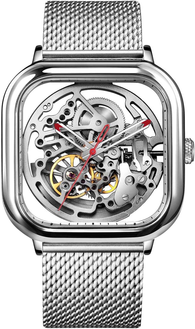 Men's Automatic Watch, C Series Full Hollow Skeleton Mechanical Analog Wristwatch with Milanese and Leather Strap Sapphire Crystal Mirror