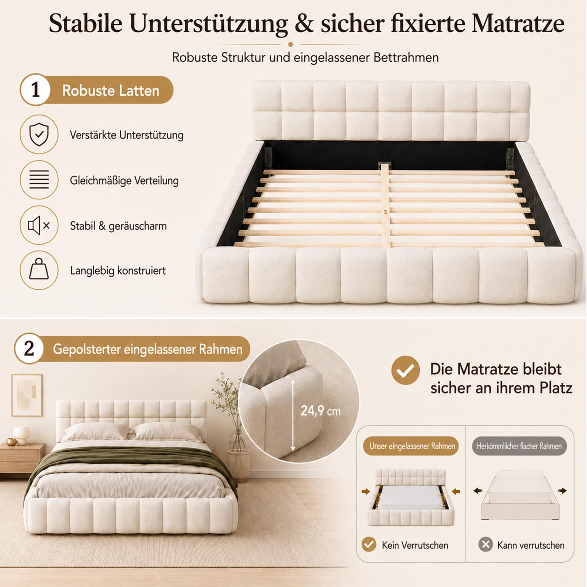 DULRLLY Bubble Bett 140x200, Bett 140x200 mit Lattenrost, Jugendbett mit Gepolstertes Kopfteil, Bettgestell für Schlafzimmer und Gästezimmer, ohne Matratze, Leinenstoff (Beige)