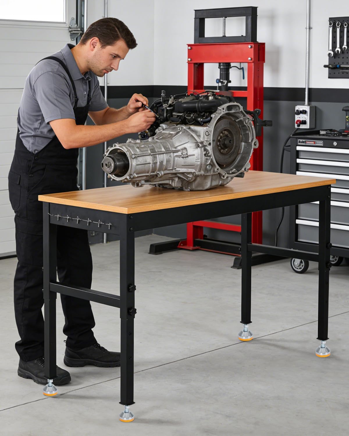 60" Work Bench, 60" x 24" Adjustable Height Workbench, Garage Workbench, Tool Bench with Power Outlet, 2500 LB Heavy-Duty for Workshop & Home