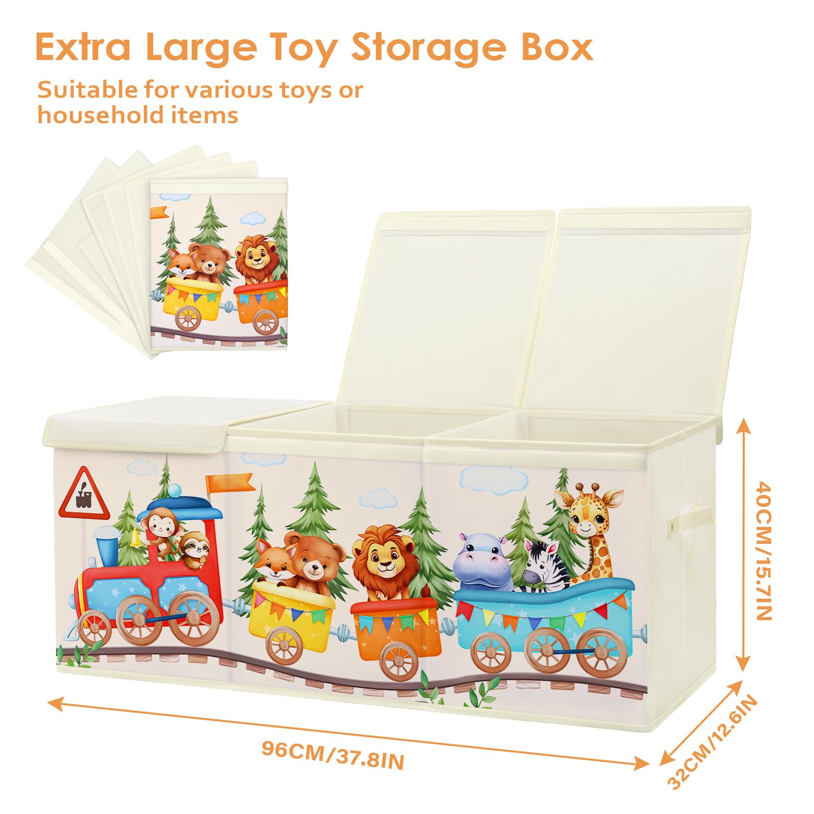 Scatola di Giocattoli Large con Coperchio Ribalta per Bambini, Contenitore Porta Giochi Pieghevole Oxford, Baule Portagiochi Impermeabile Robusto per Ragazze Ragazzi, 96×32×40cm (Treno degli Animali)