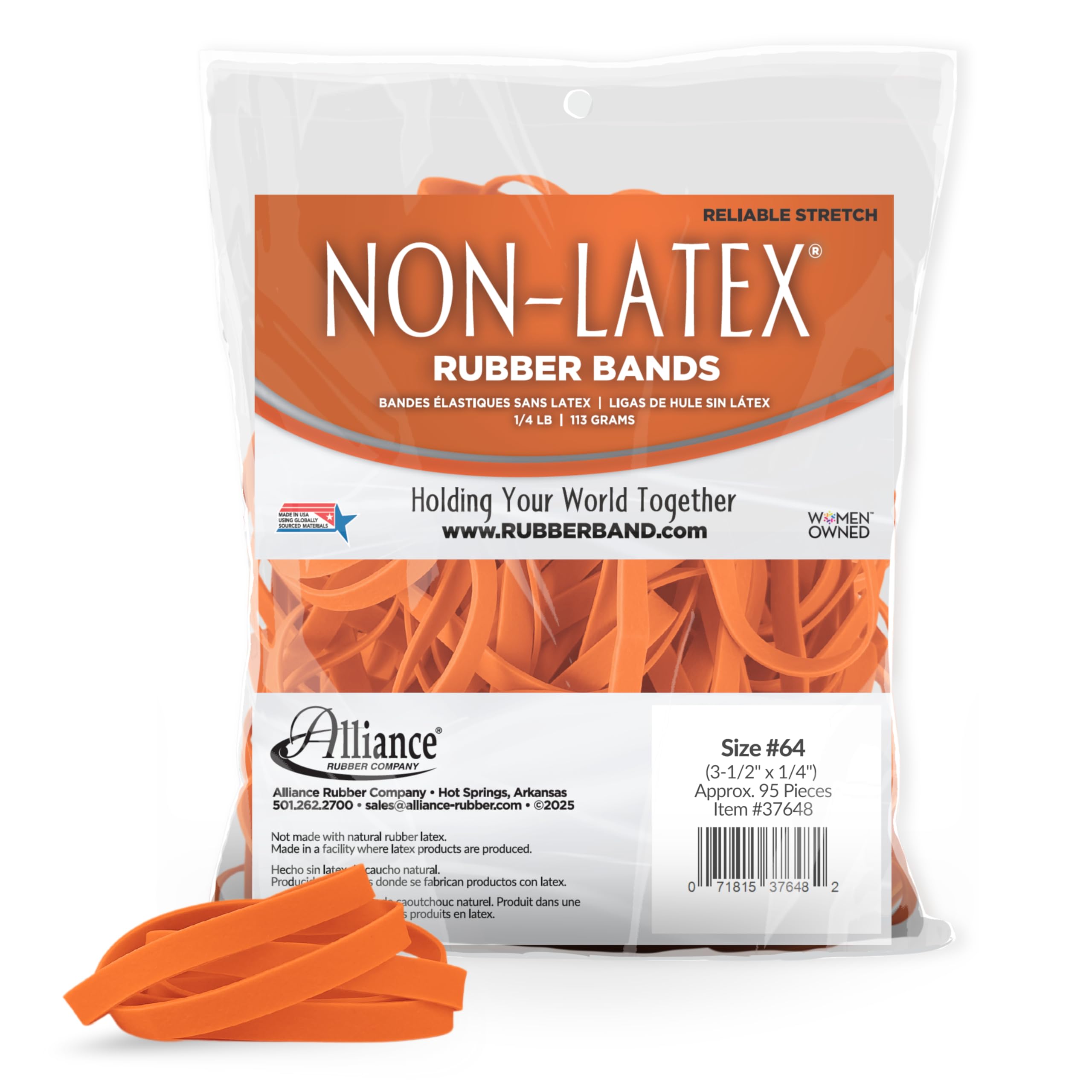 Non-Latex Rubber Bands, Size #64 (3-1/2" x 1/4"), 4 oz. Bag Contains Approx. 95 Bands, Orange (37648)